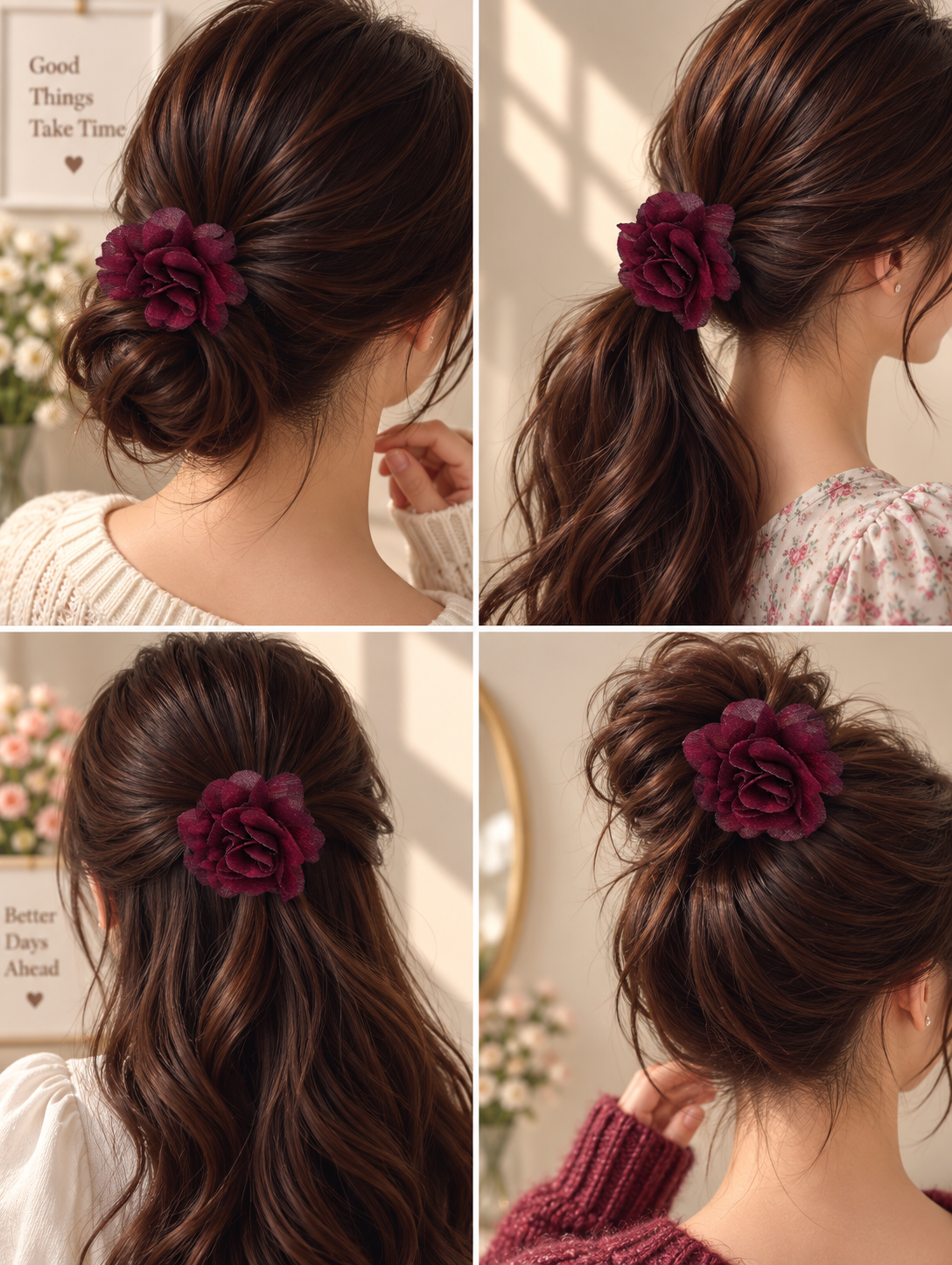 Burgundy Flower Hair Tie for Women