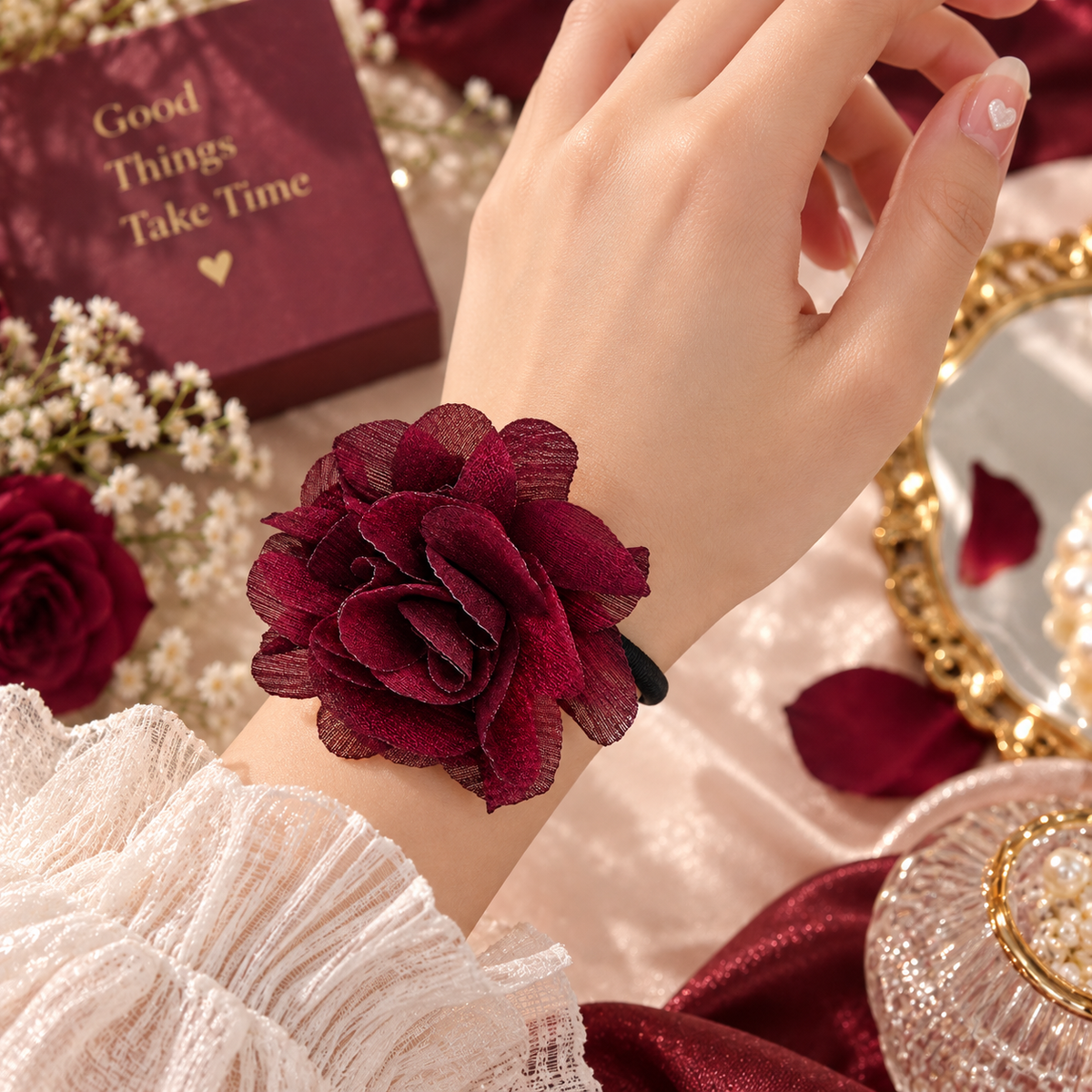 Burgundy Flower Hair Tie for Women