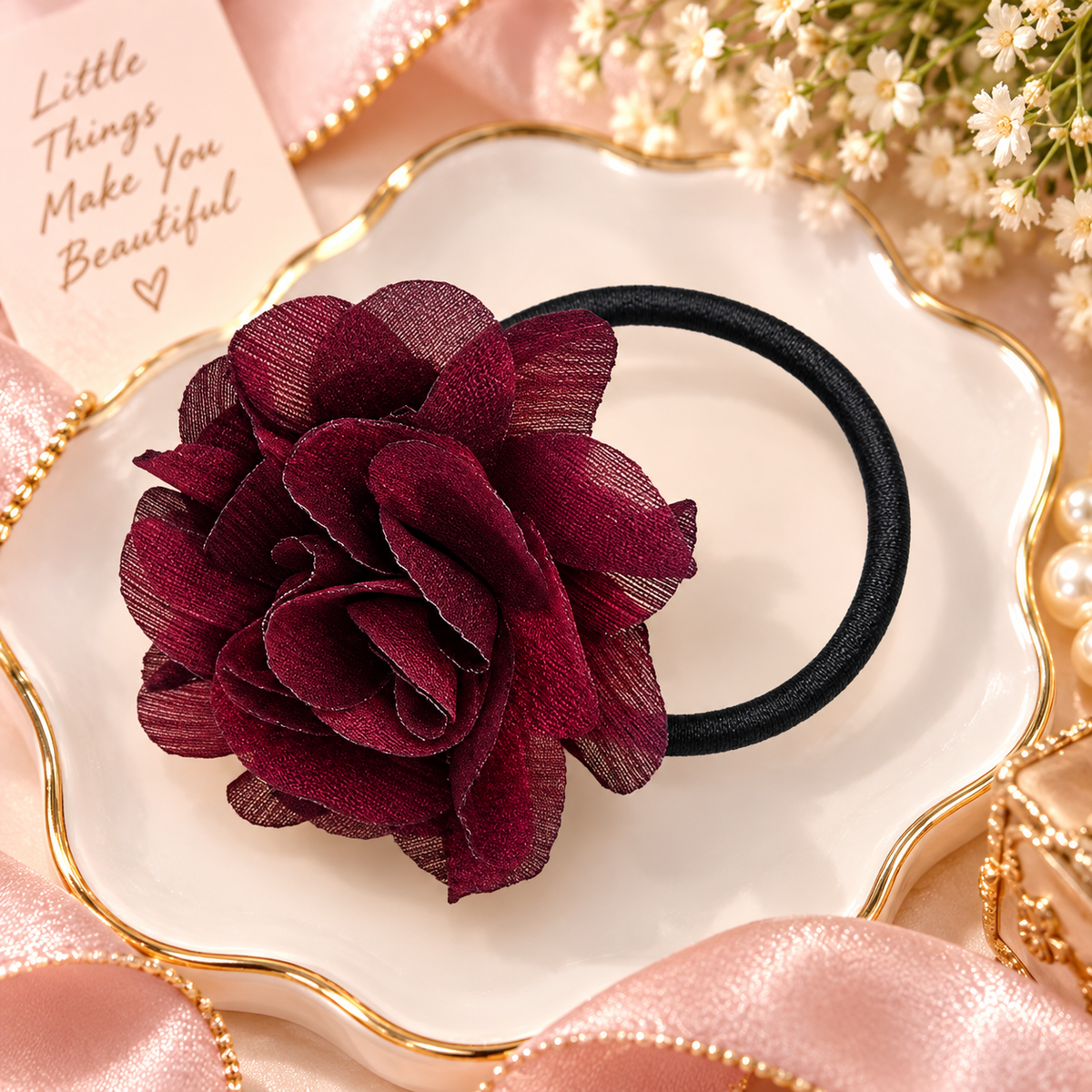 Burgundy Flower Hair Tie for Women