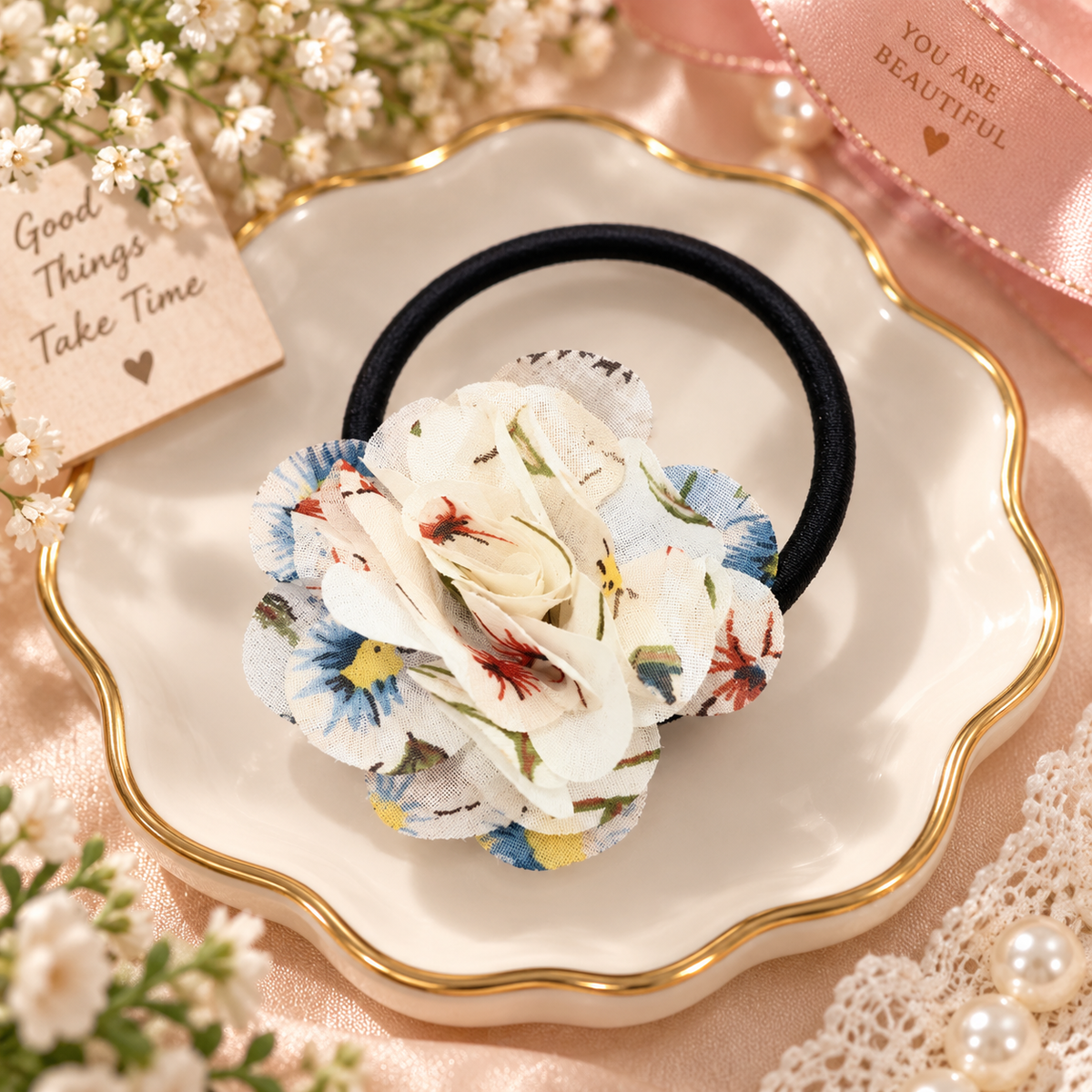 White Floral Hair Tie for Women