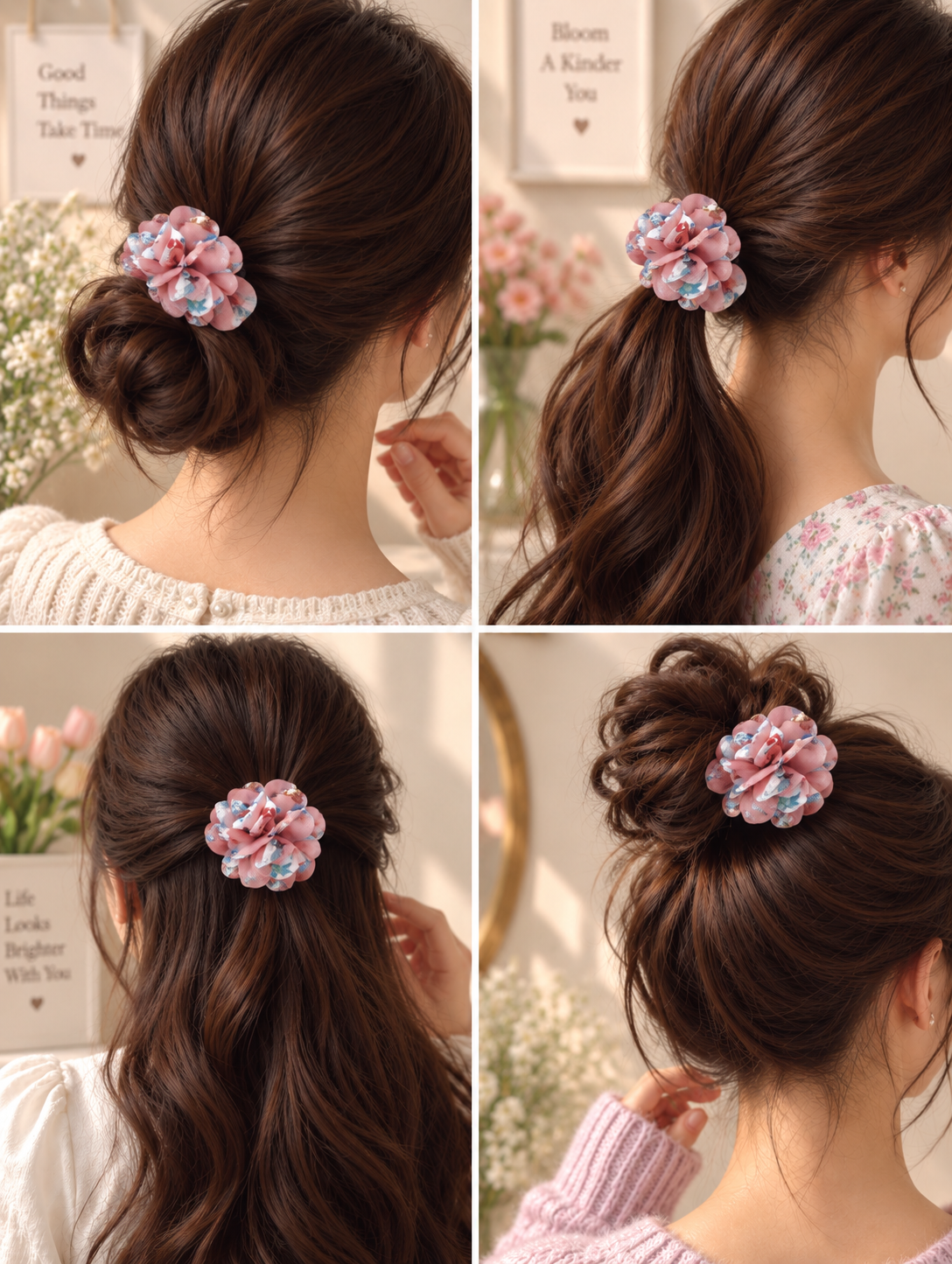 Pink Printed Flower Hair Tie for Women