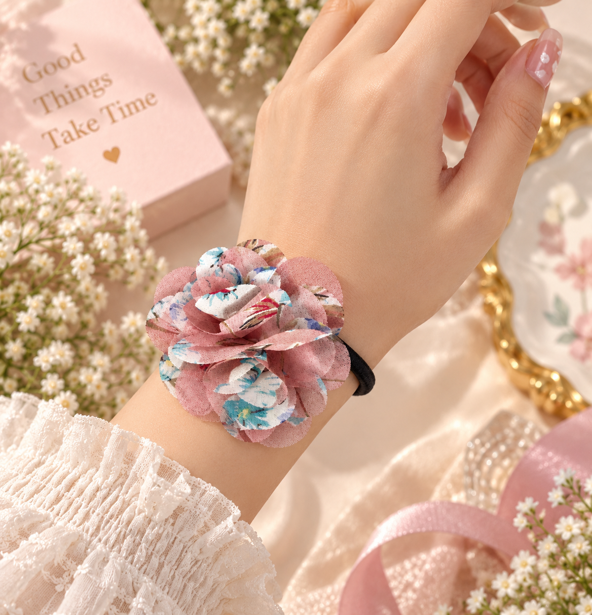 Pink Printed Flower Hair Tie for Women
