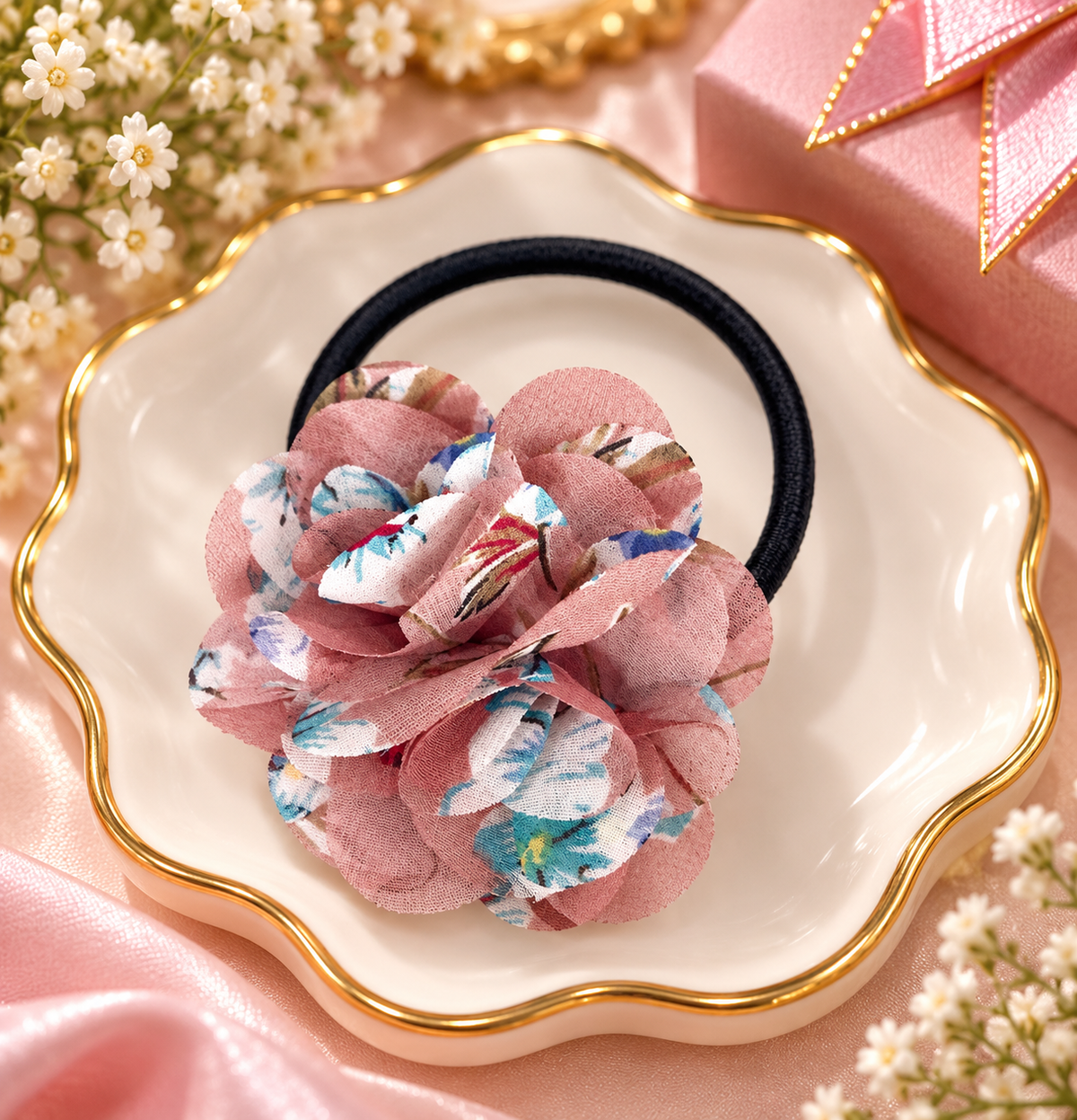 Pink Printed Flower Hair Tie for Women