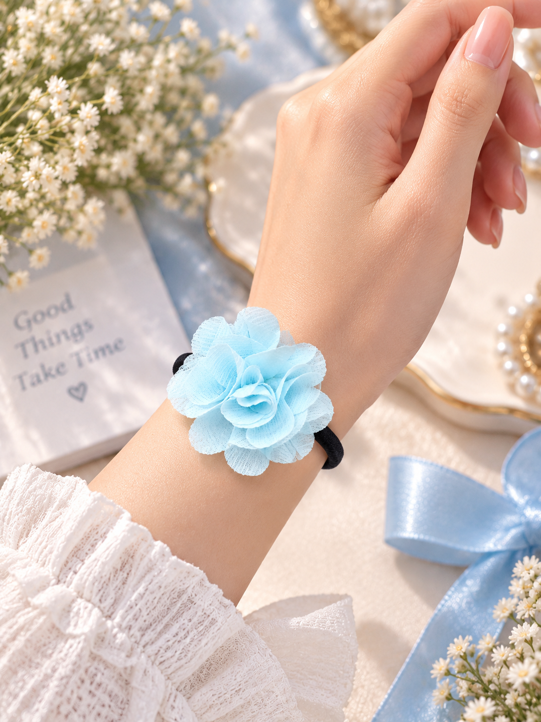 Light Blue Flower Hair Tie for Women