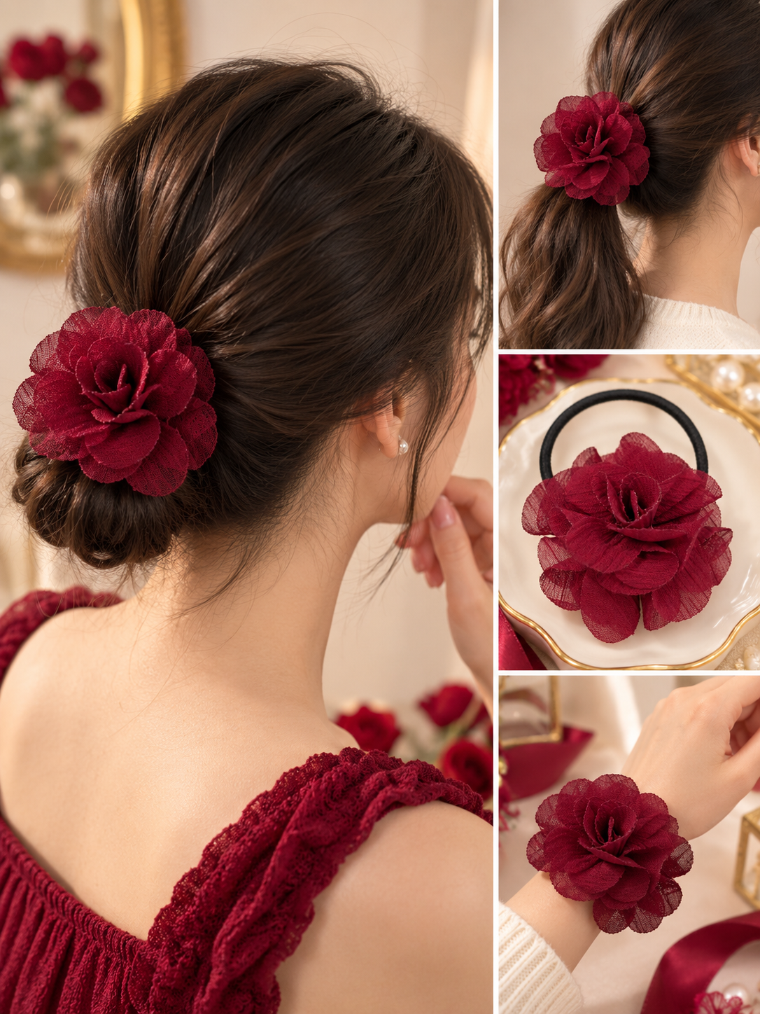 Burgundy Red Flower Hair Tie for Women