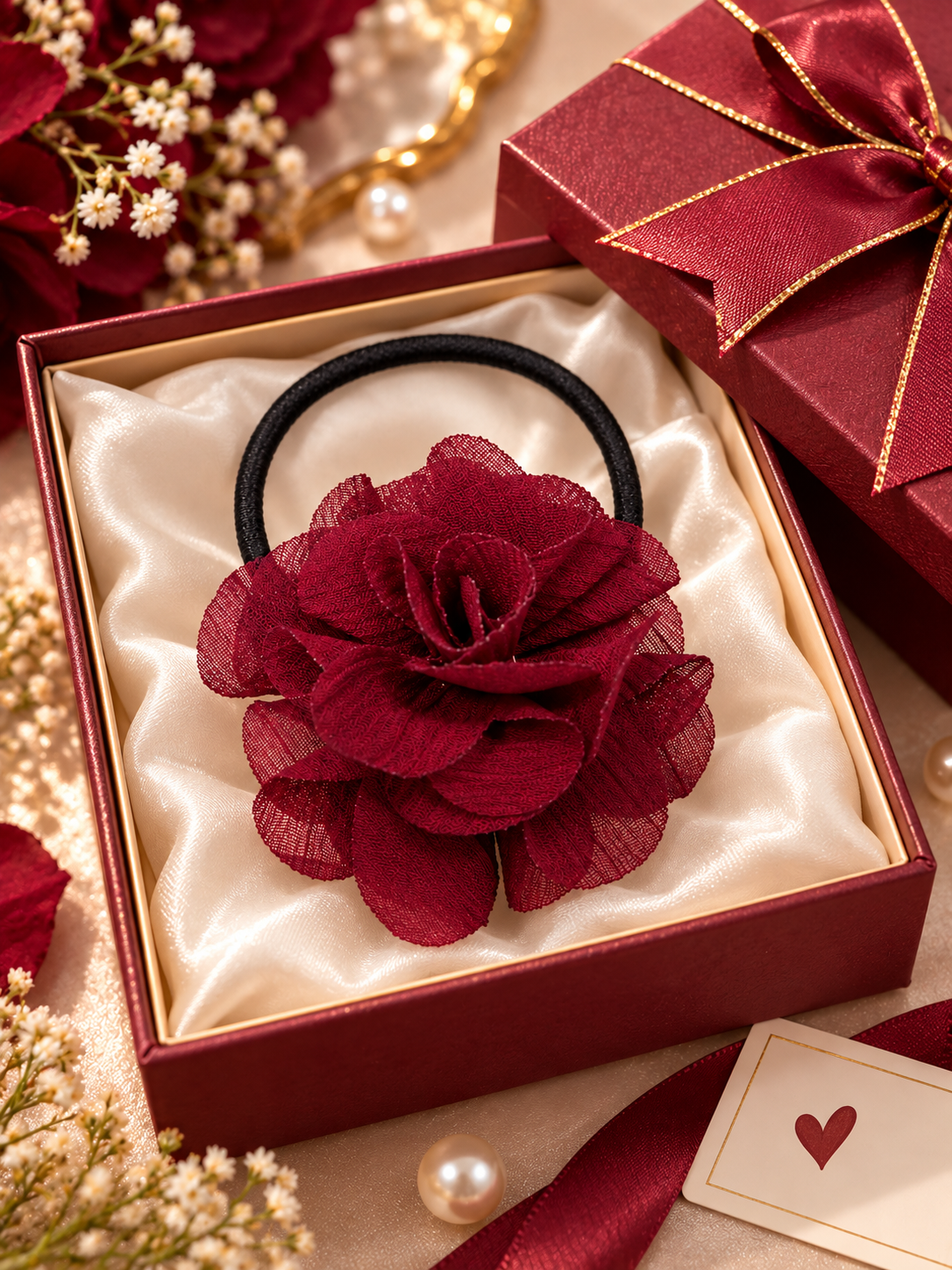 Burgundy Red Flower Hair Tie for Women