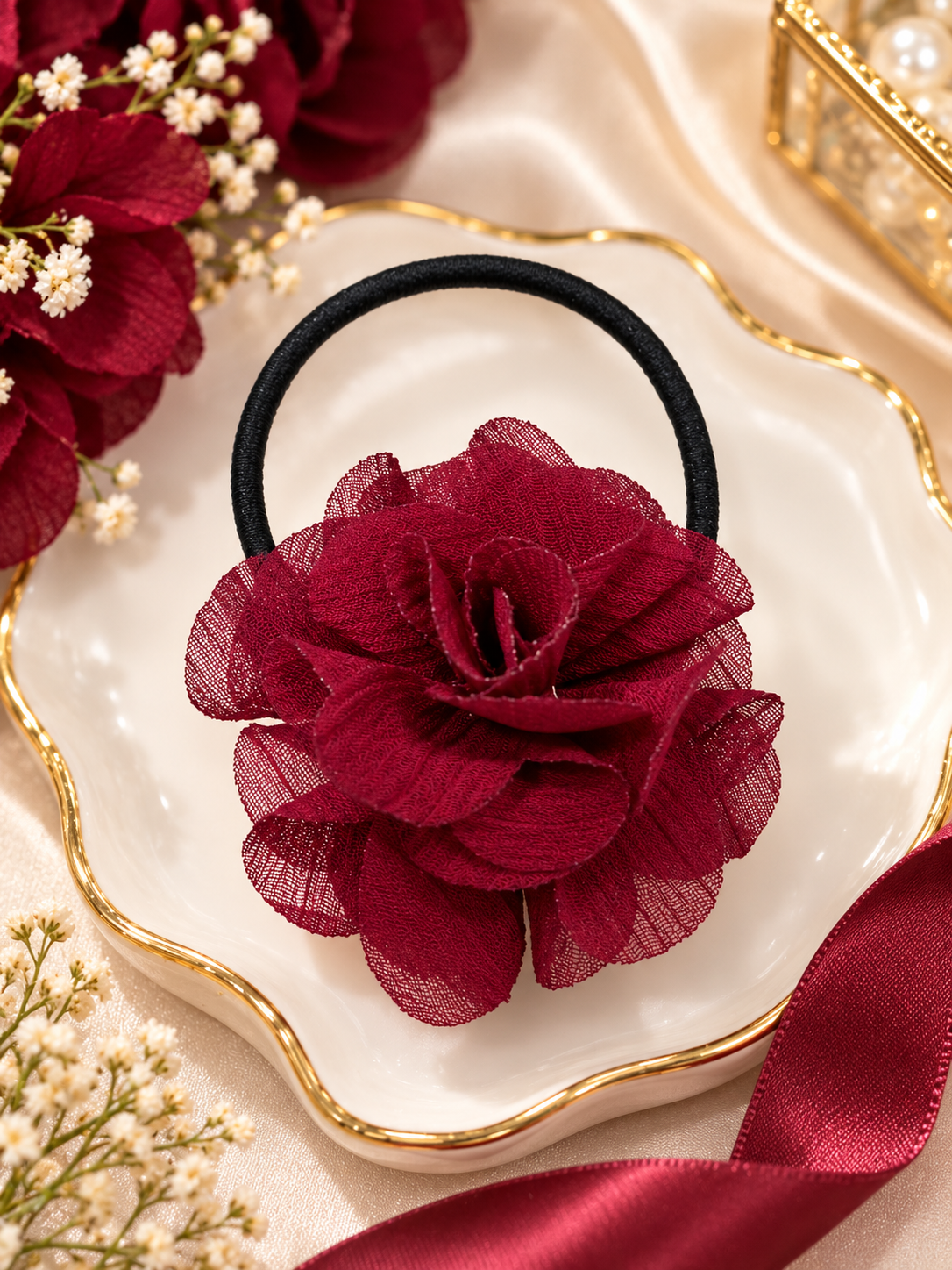 Burgundy Red Flower Hair Tie for Women