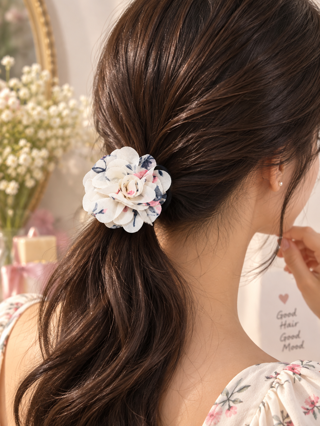 White Floral Hair Tie for Women