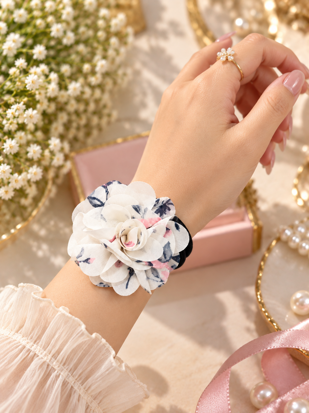 White Floral Hair Tie for Women