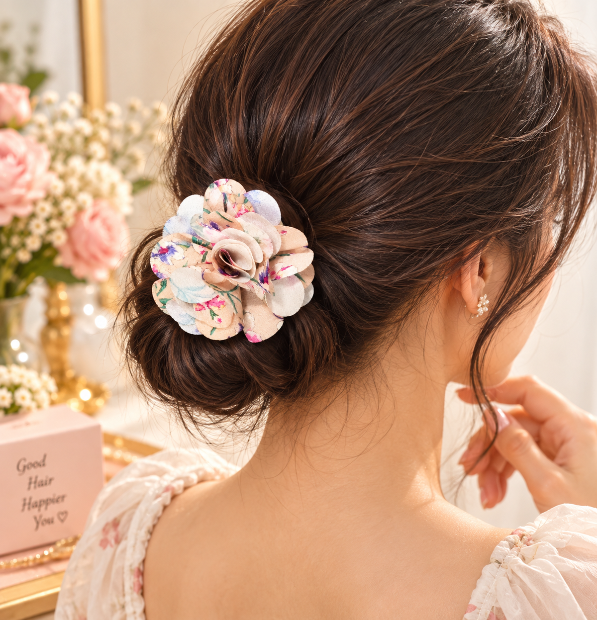 Peach Floral Hair Tie for Women