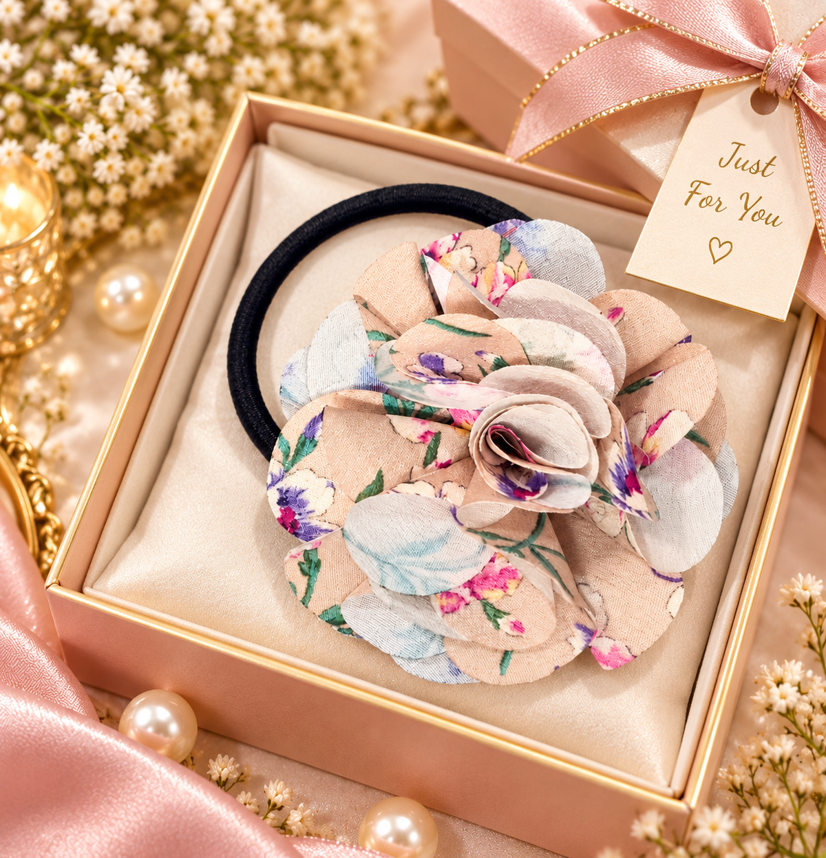 Peach Floral Hair Tie for Women