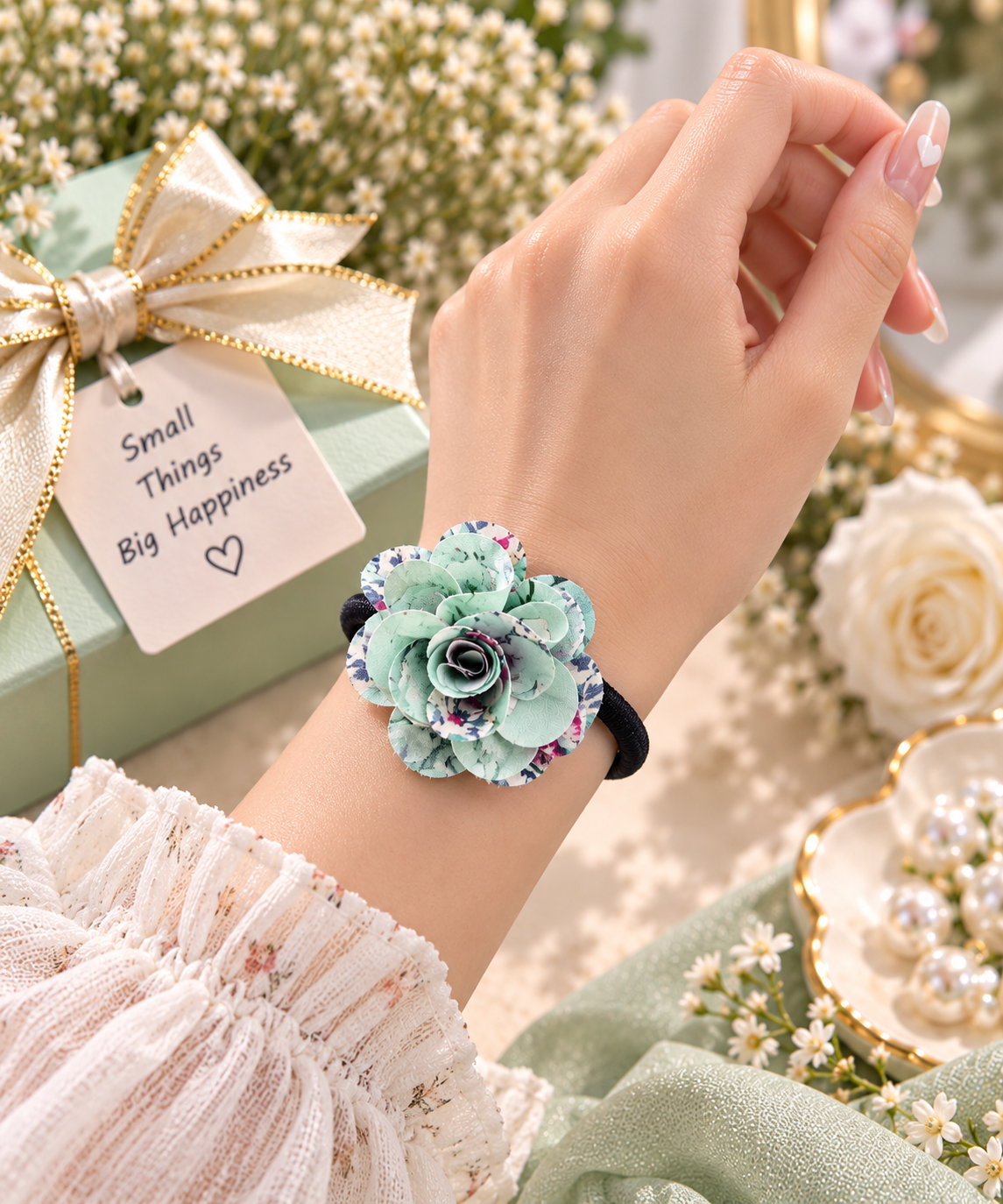Mint Green Floral Hair Tie for Women