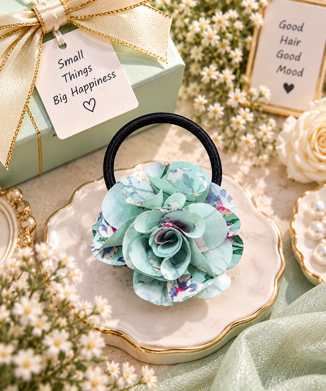Mint Green Floral Hair Tie for Women