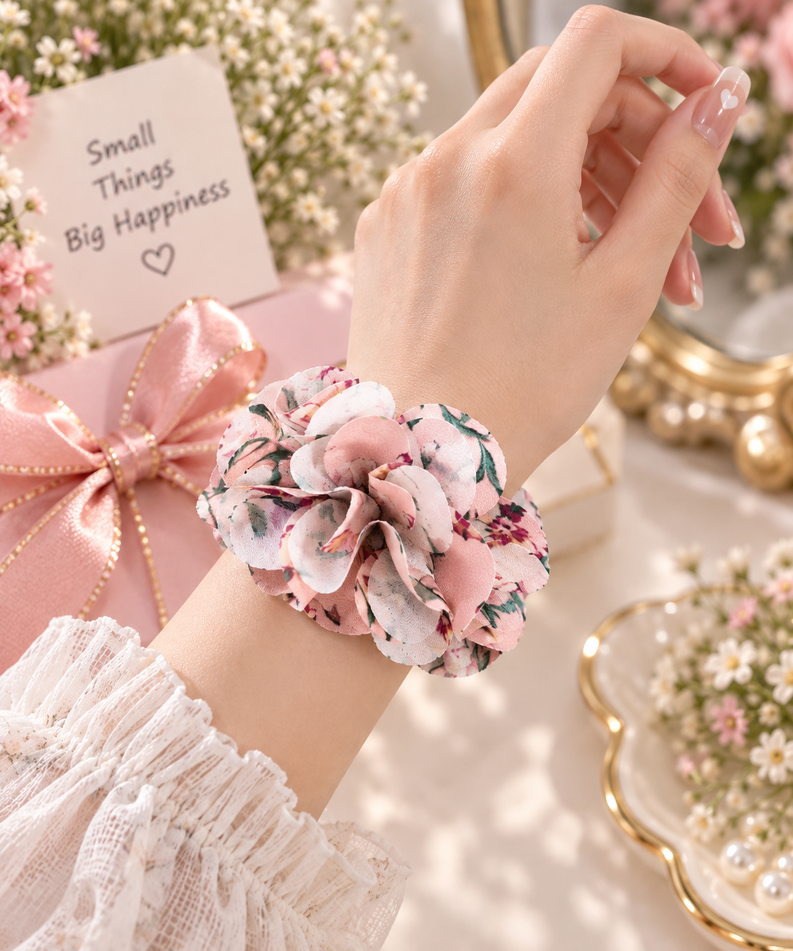 Pink Floral Hair Tie for Women