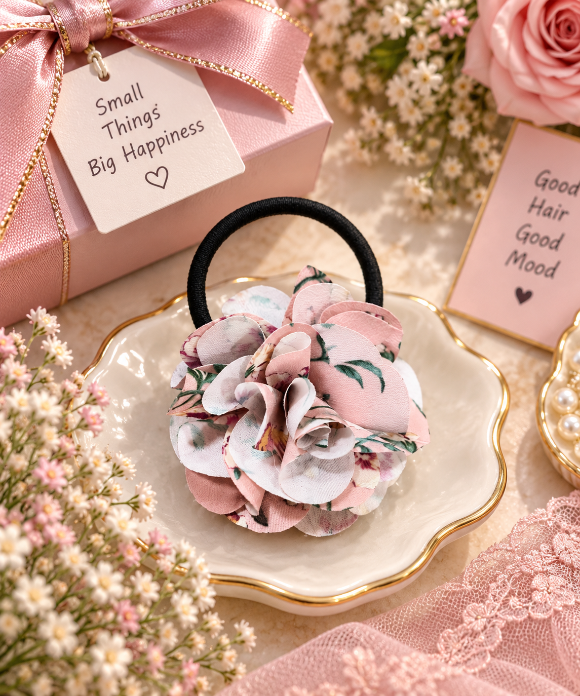 Pink Floral Hair Tie for Women