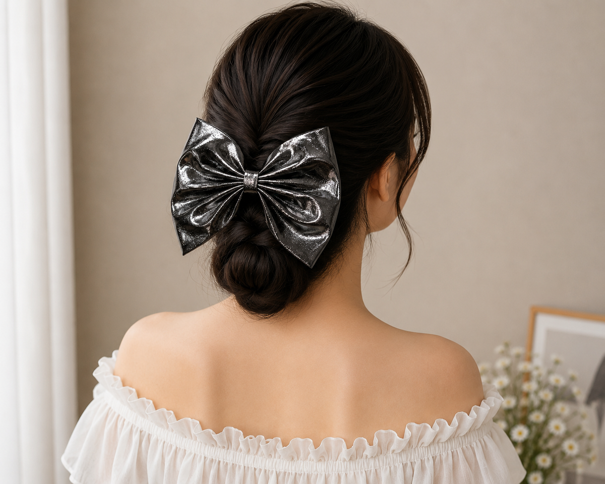 Black Metallic Bow Hair Clip for Women & Girls