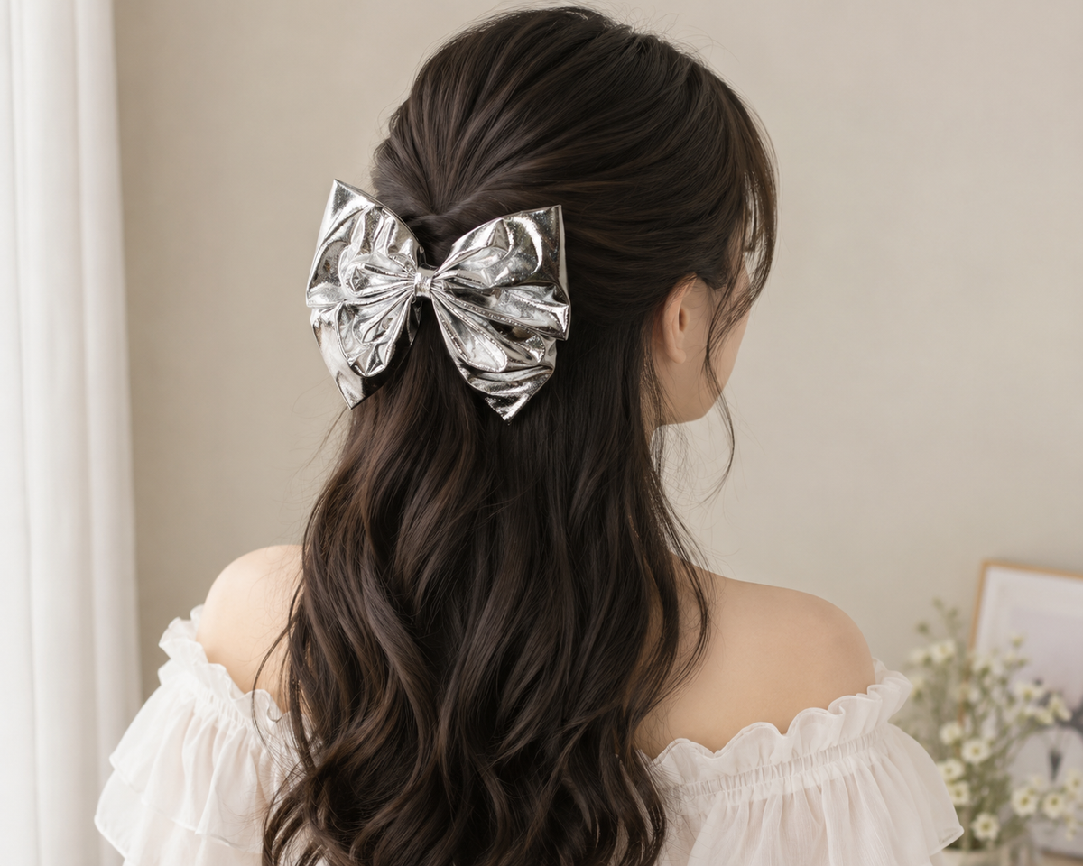 Silver Metallic Bow Hair Clip for Women & Girls