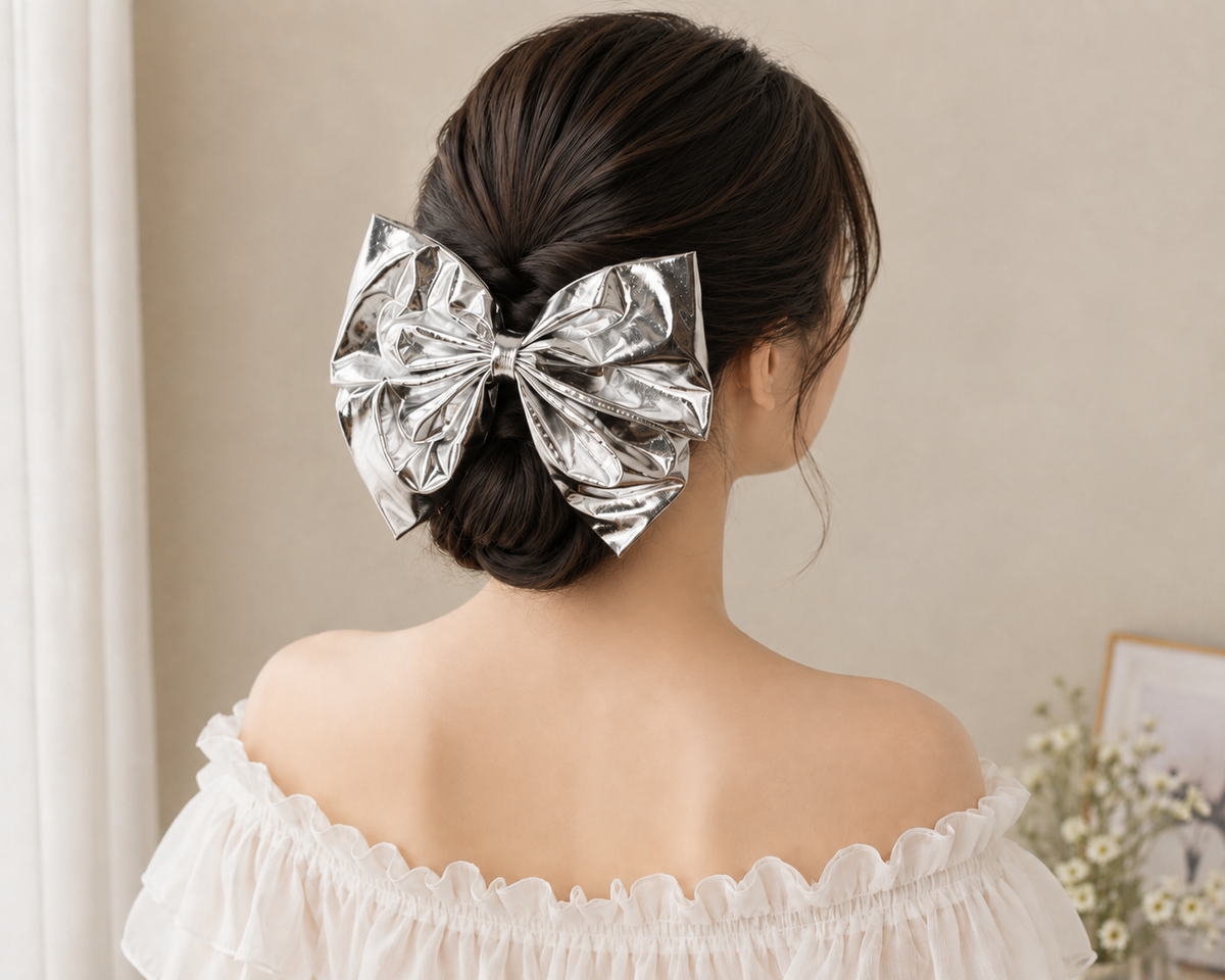 Silver Metallic Bow Hair Clip for Women & Girls