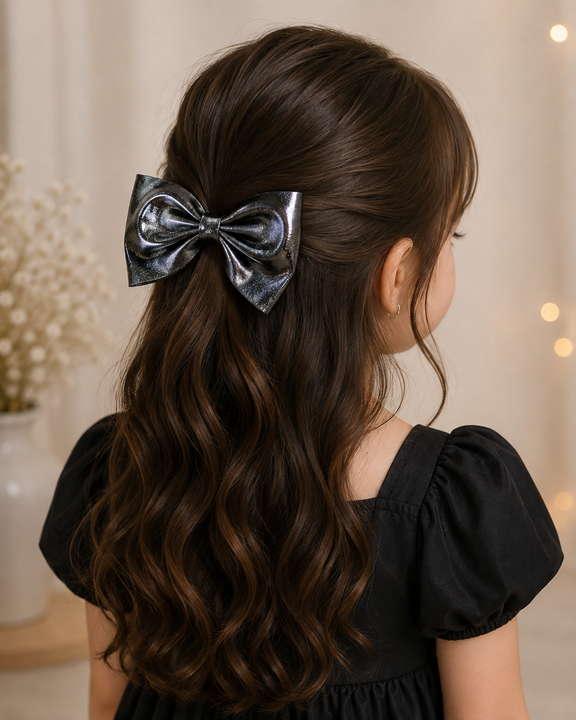 Dark Grey Glossy Bow Hair Clip for Women & Girls
