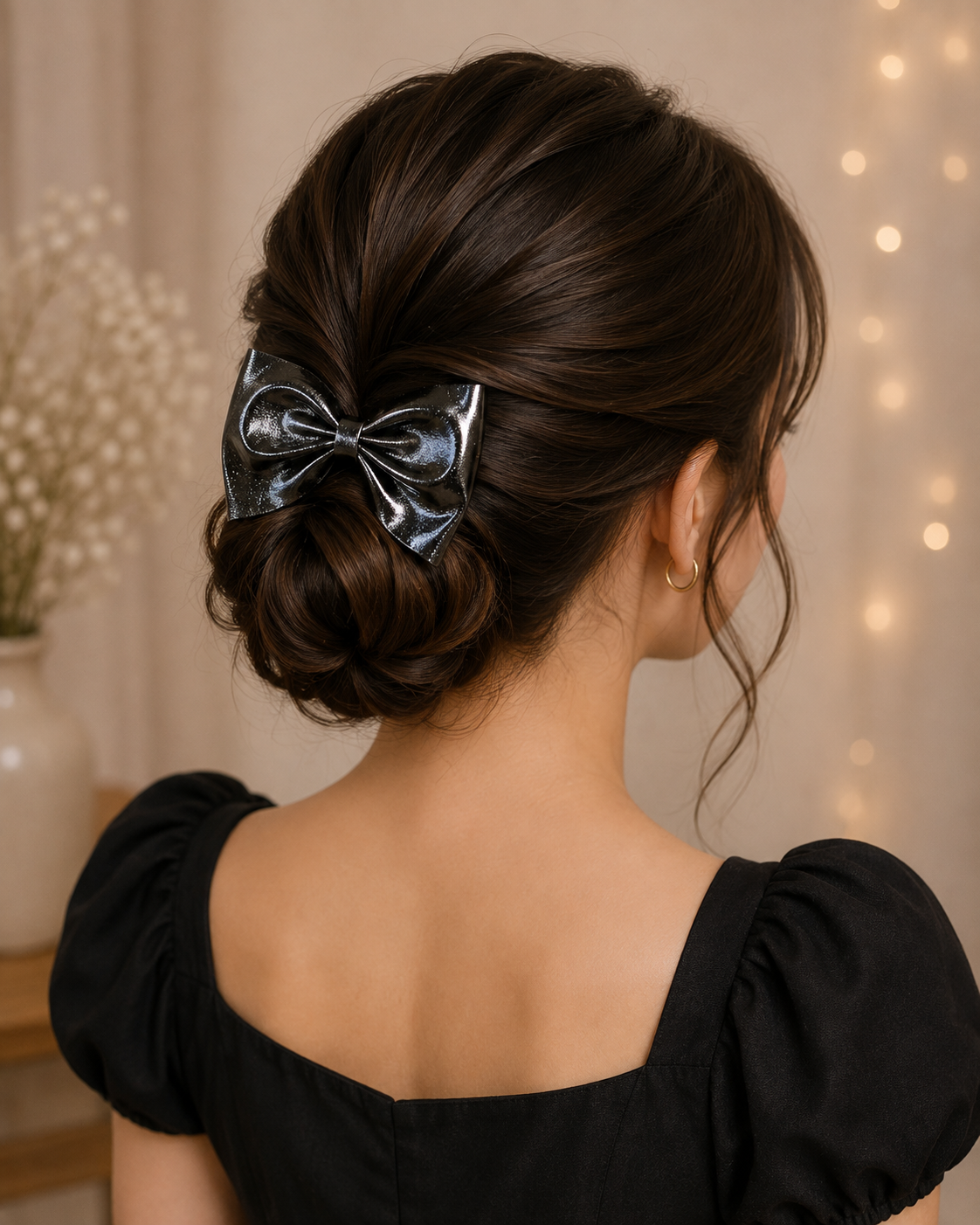 Dark Grey Glossy Bow Hair Clip for Women & Girls