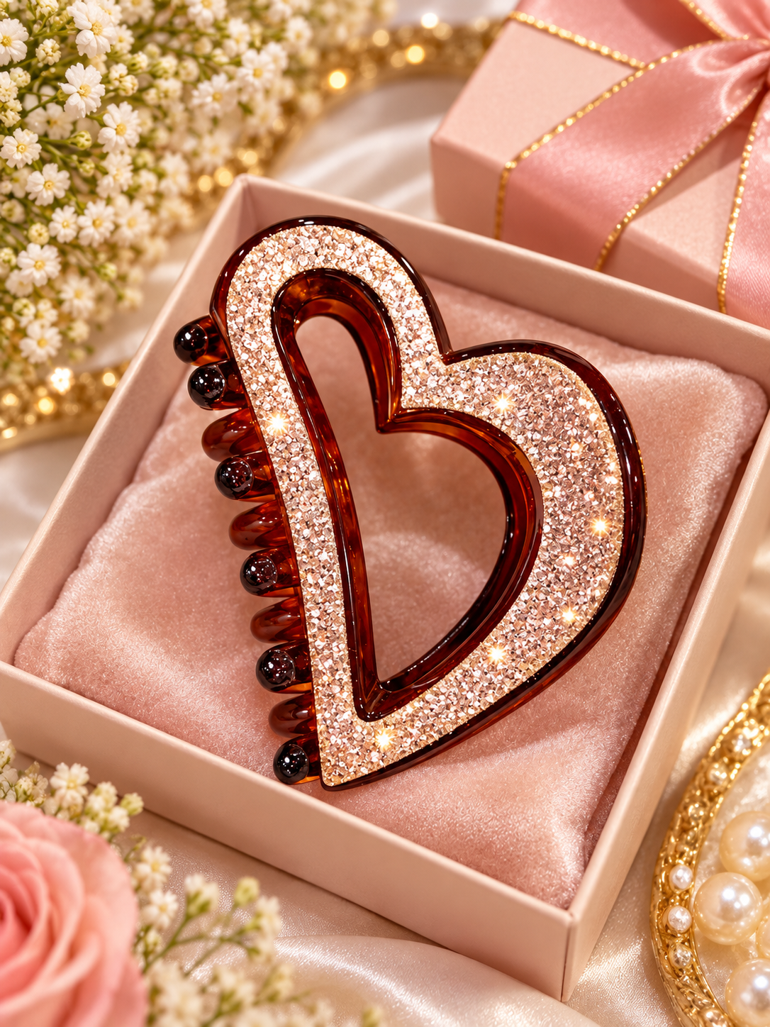 Brown Crystal Heart Hair Clutcher