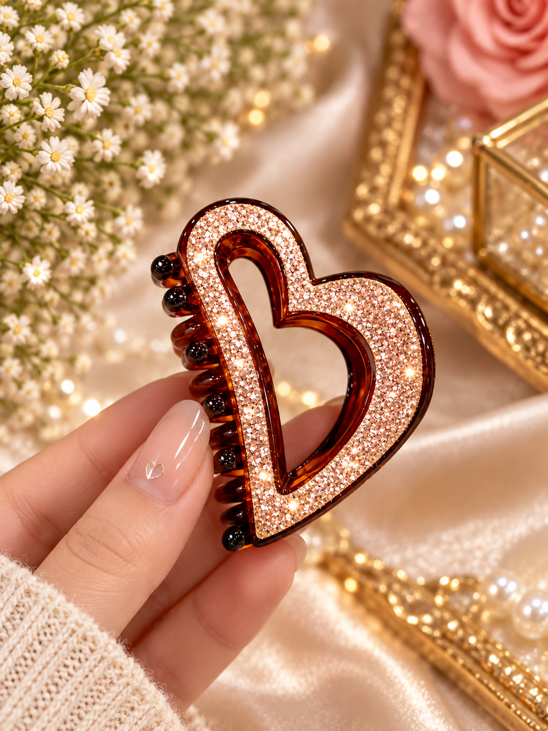 Brown Crystal Heart Hair Clutcher