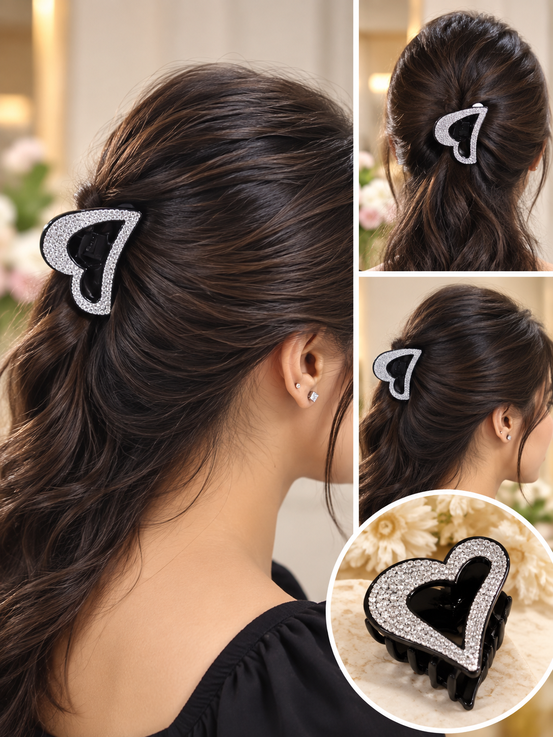 Black Crystal Heart Hair Clutcher