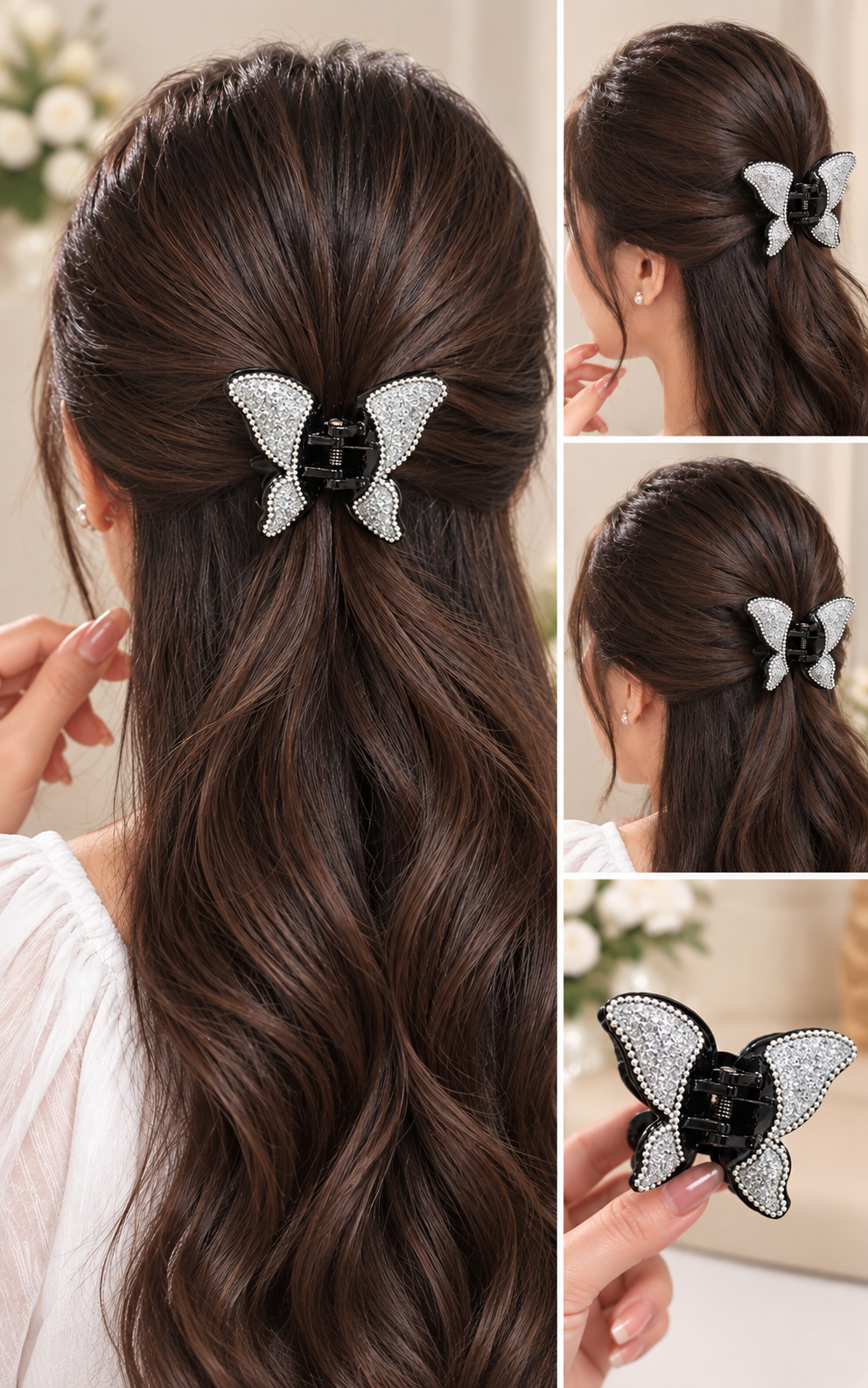 Black Silver Crystal Butterfly Hair Clutcher