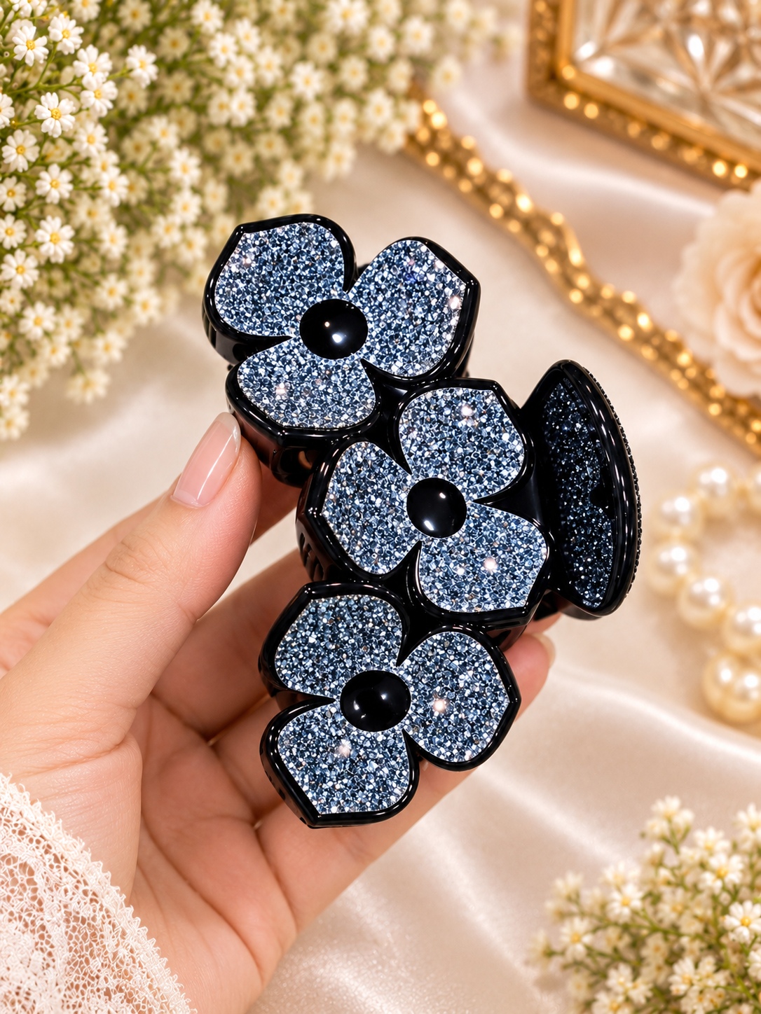 Black Crystal Flower Hair Clutcher