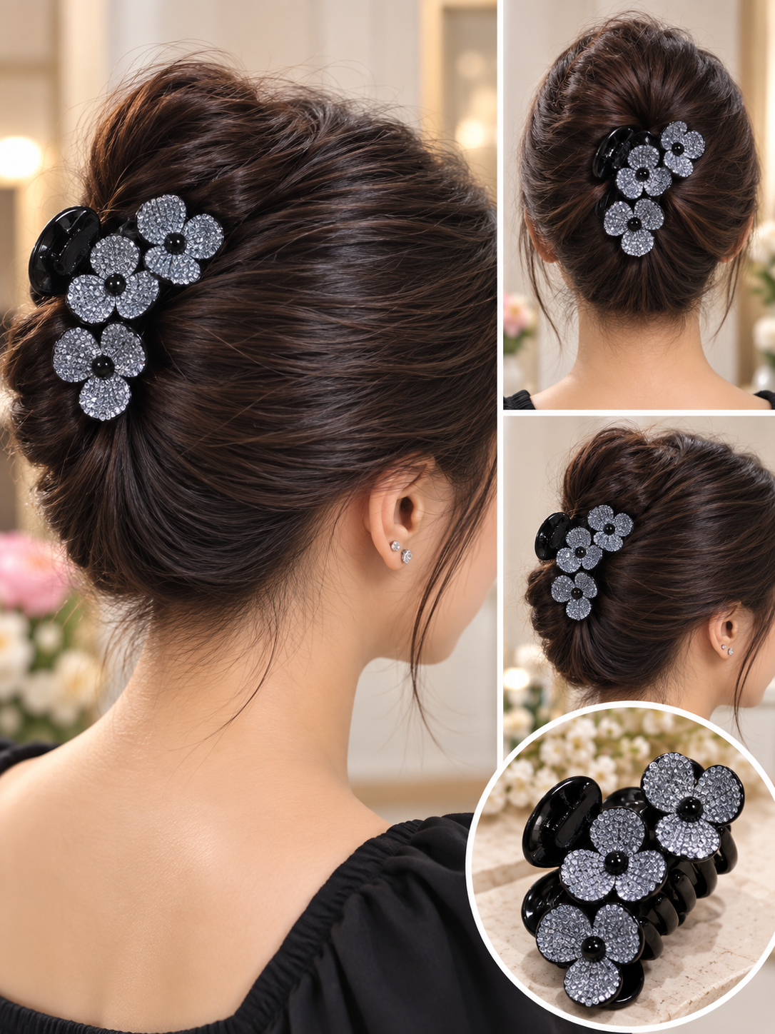 Black Crystal Flower Hair Clutcher