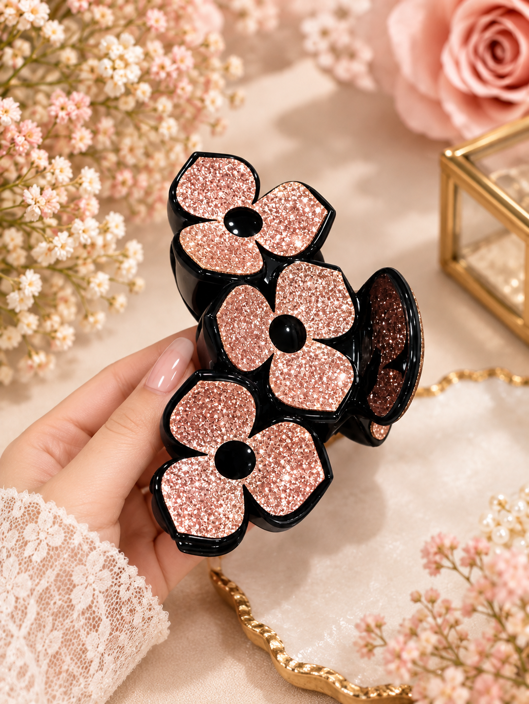 Black Rose Gold Flower Hair Clutcher
