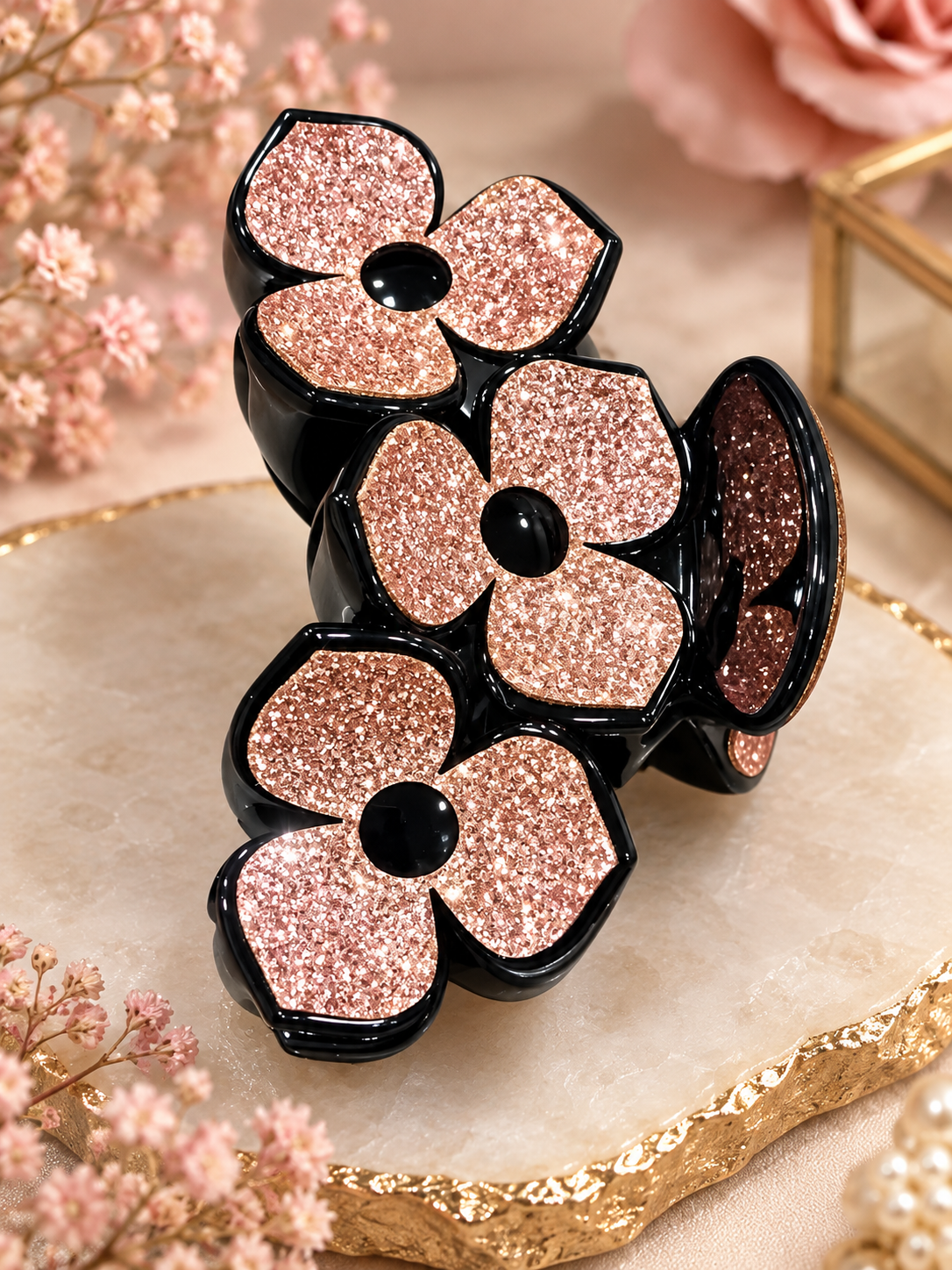 Black Rose Gold Flower Hair Clutcher