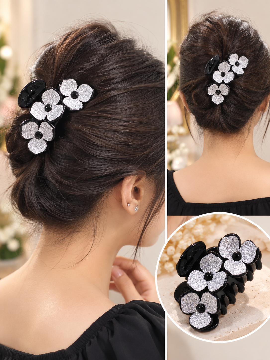 Black Silver Flower Hair Clutcher
