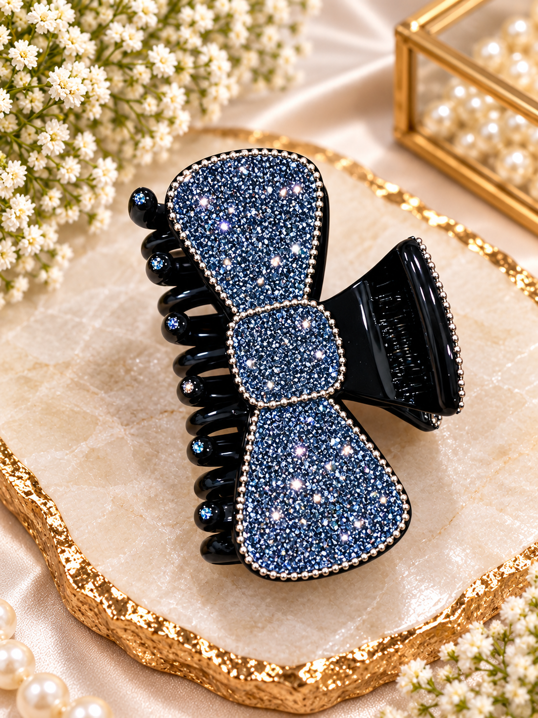Black Blue Glitter Bow Hair Clutcher