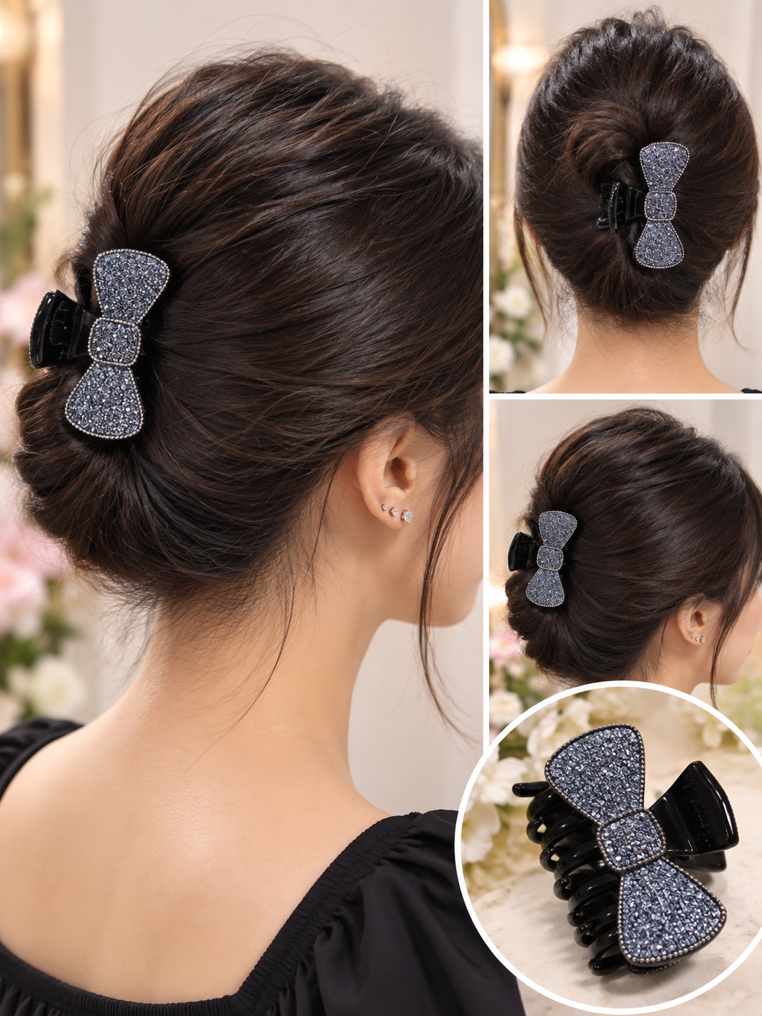 Black Blue Glitter Bow Hair Clutcher