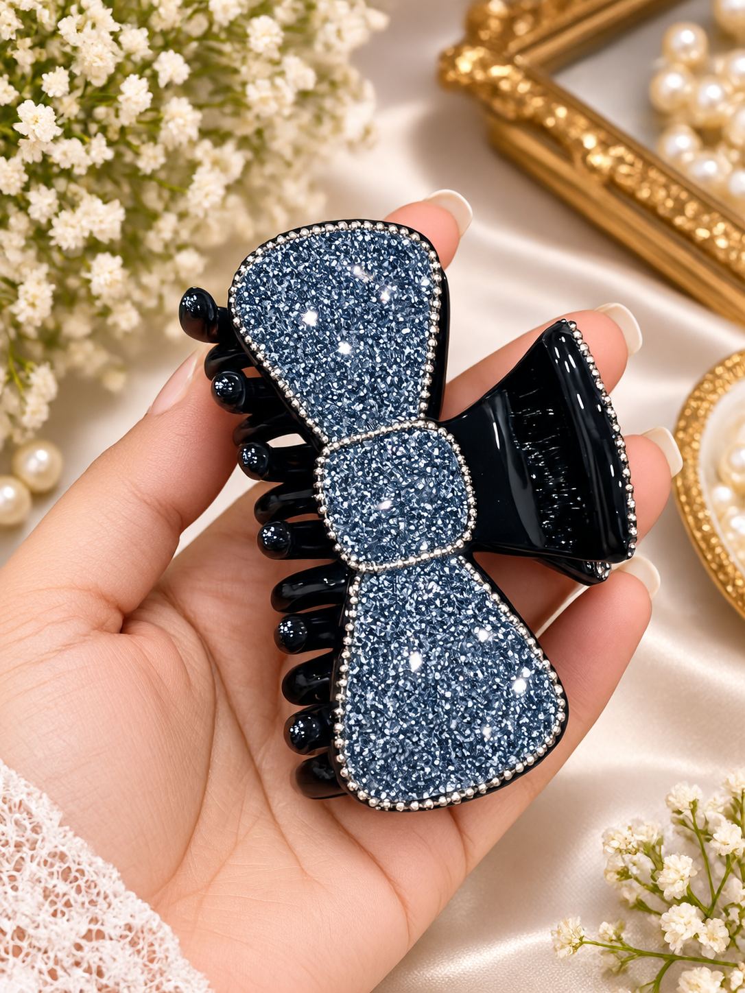 Black Blue Glitter Bow Hair Clutcher