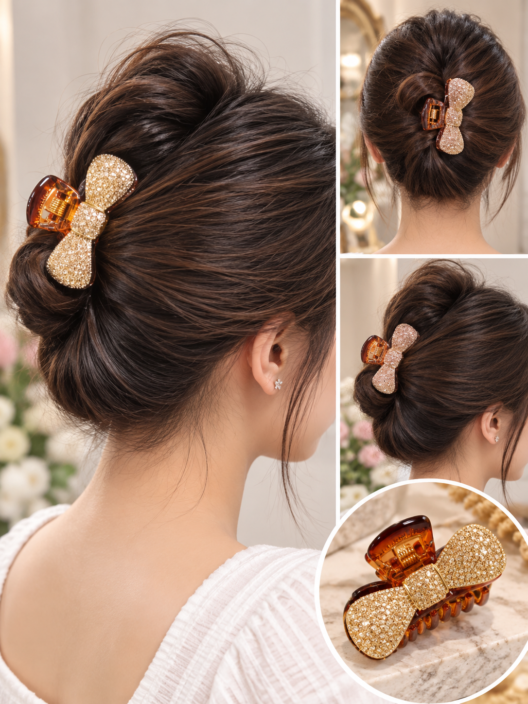 Brown Gold Glitter Bow Hair Clutcher