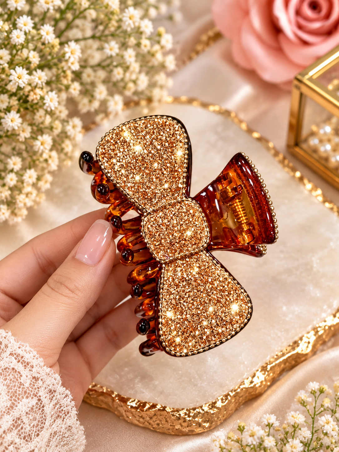 Brown Gold Glitter Bow Hair Clutcher