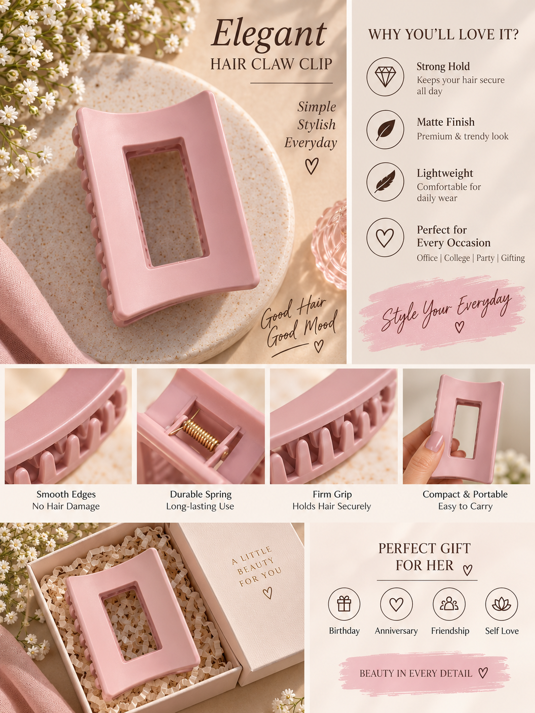 Pink Rectangular Hair Claw Clip