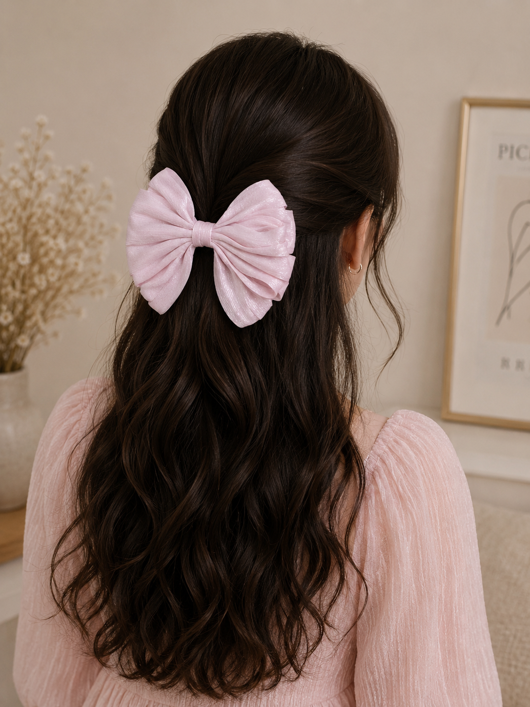 Light Pink Organza Bow Hair Clip for Women & Girls