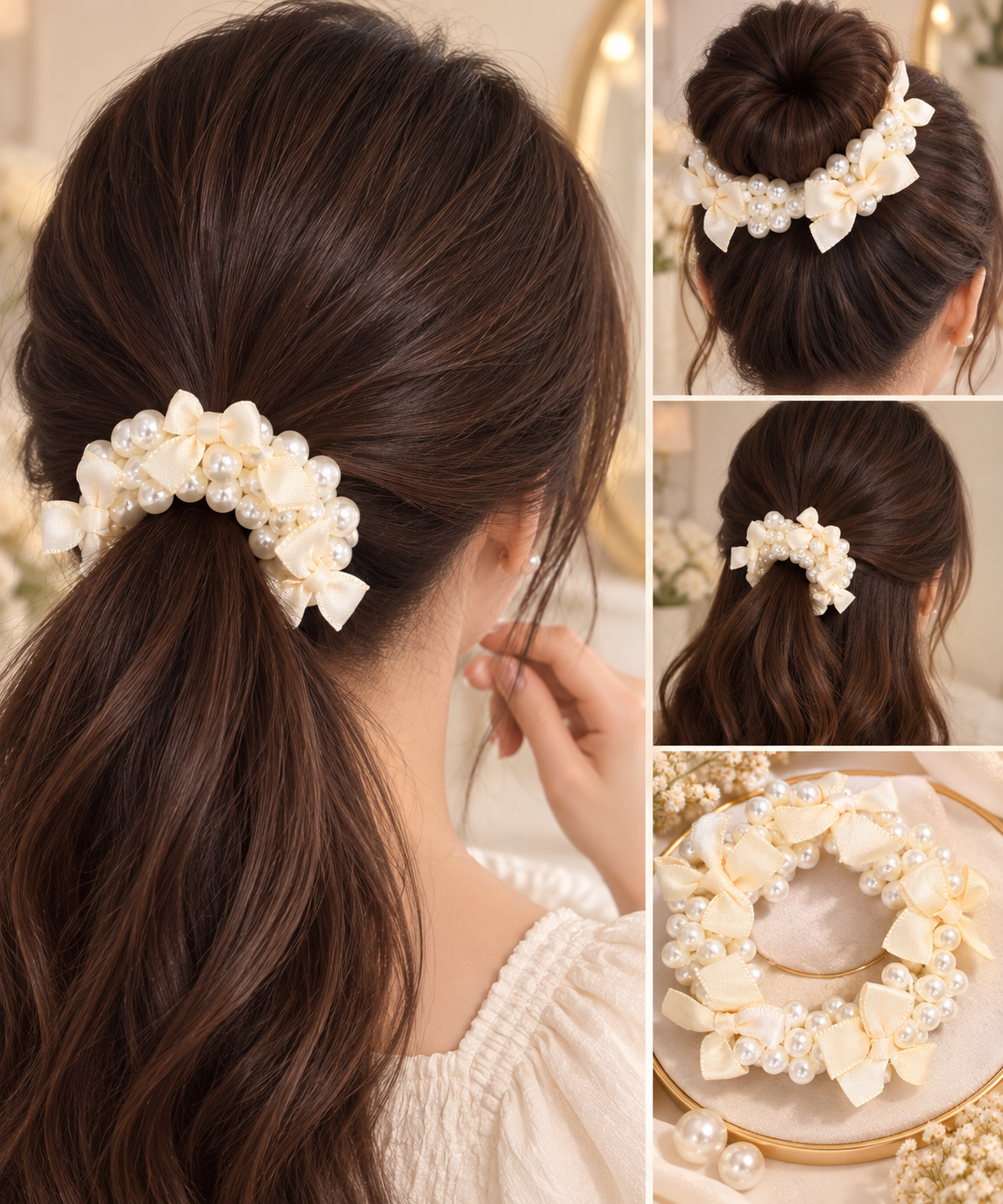 Pearl Beaded Cream Bow Hair Tie