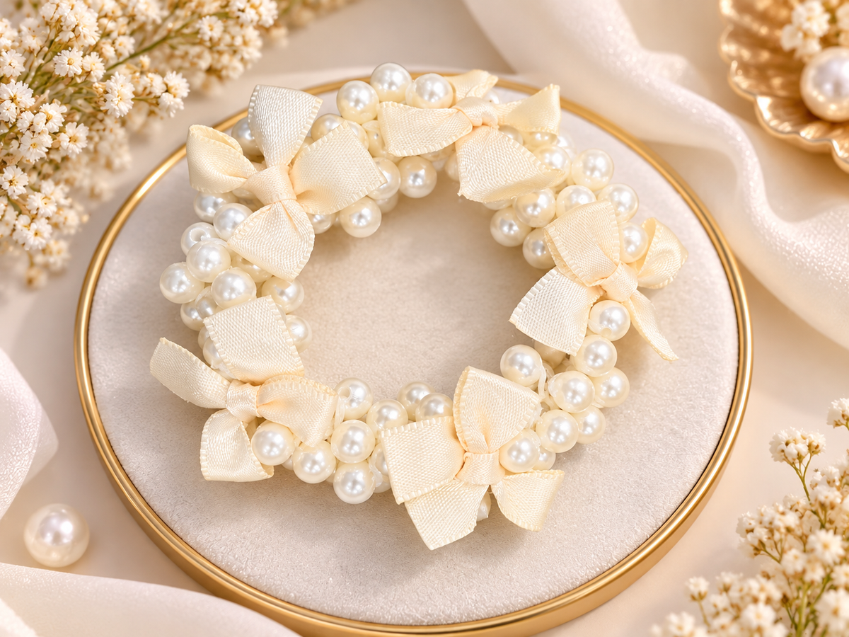 Pearl Beaded Cream Bow Hair Tie