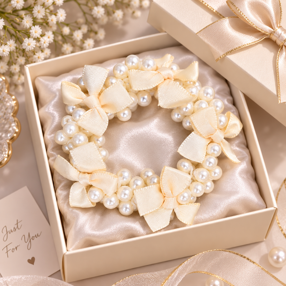 Pearl Beaded Cream Bow Hair Tie