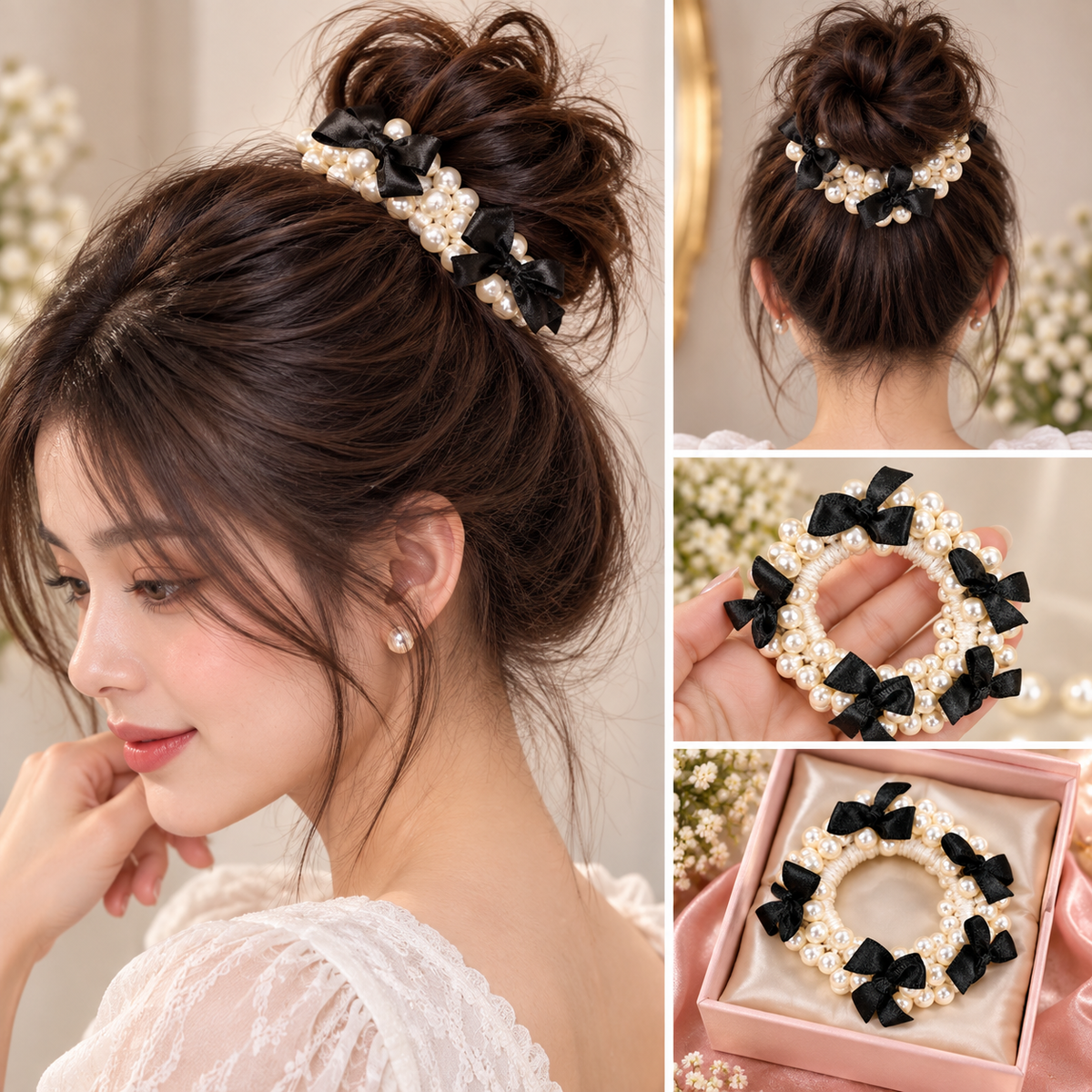 Pearl Beaded Black Bow Hair Tie