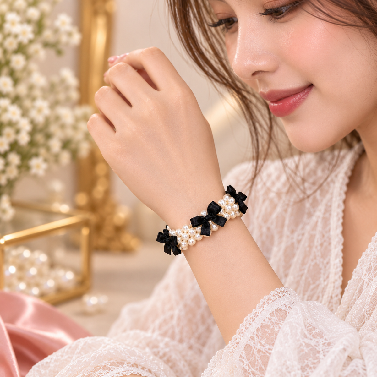 Pearl Beaded Black Bow Hair Tie