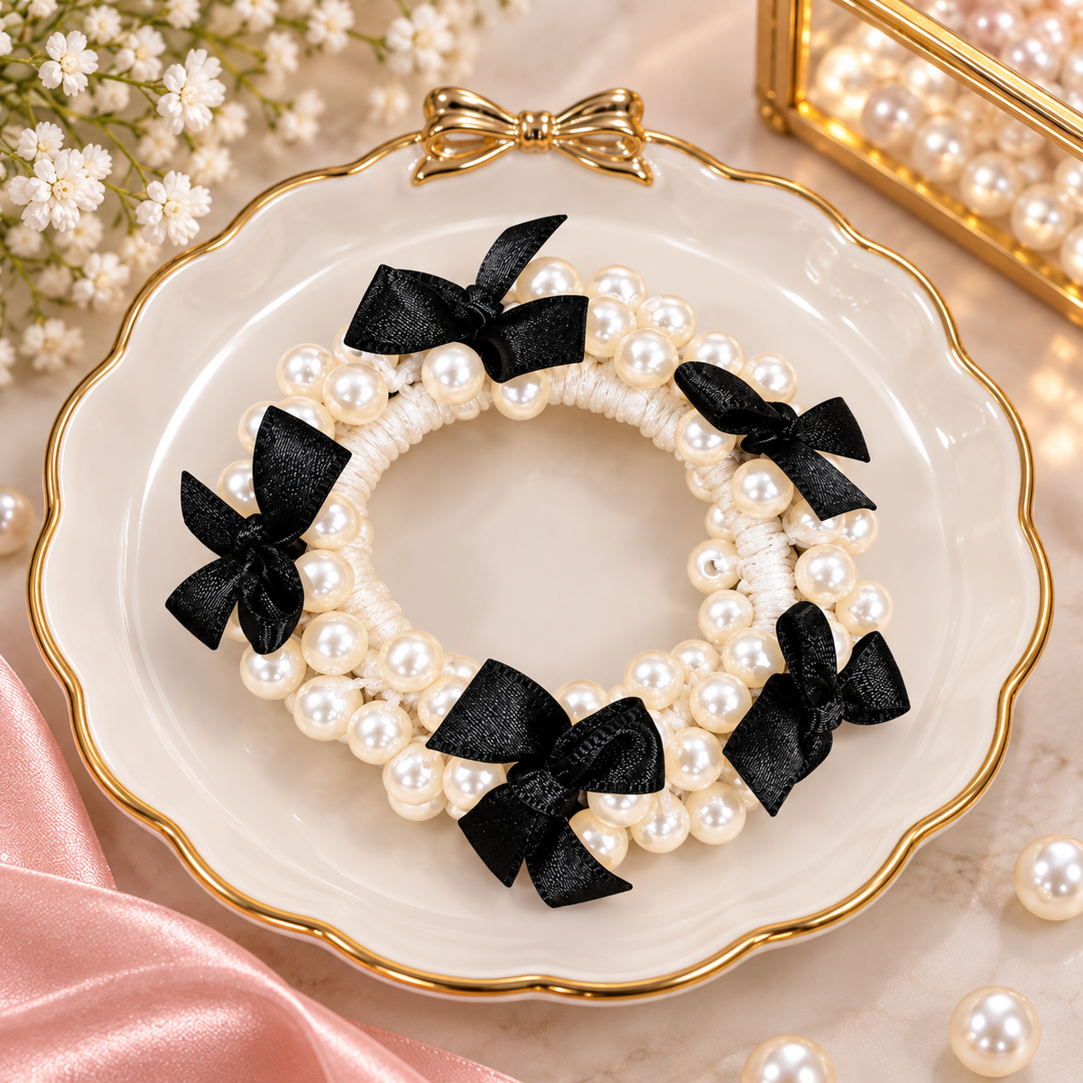 Pearl Beaded Black Bow Hair Tie