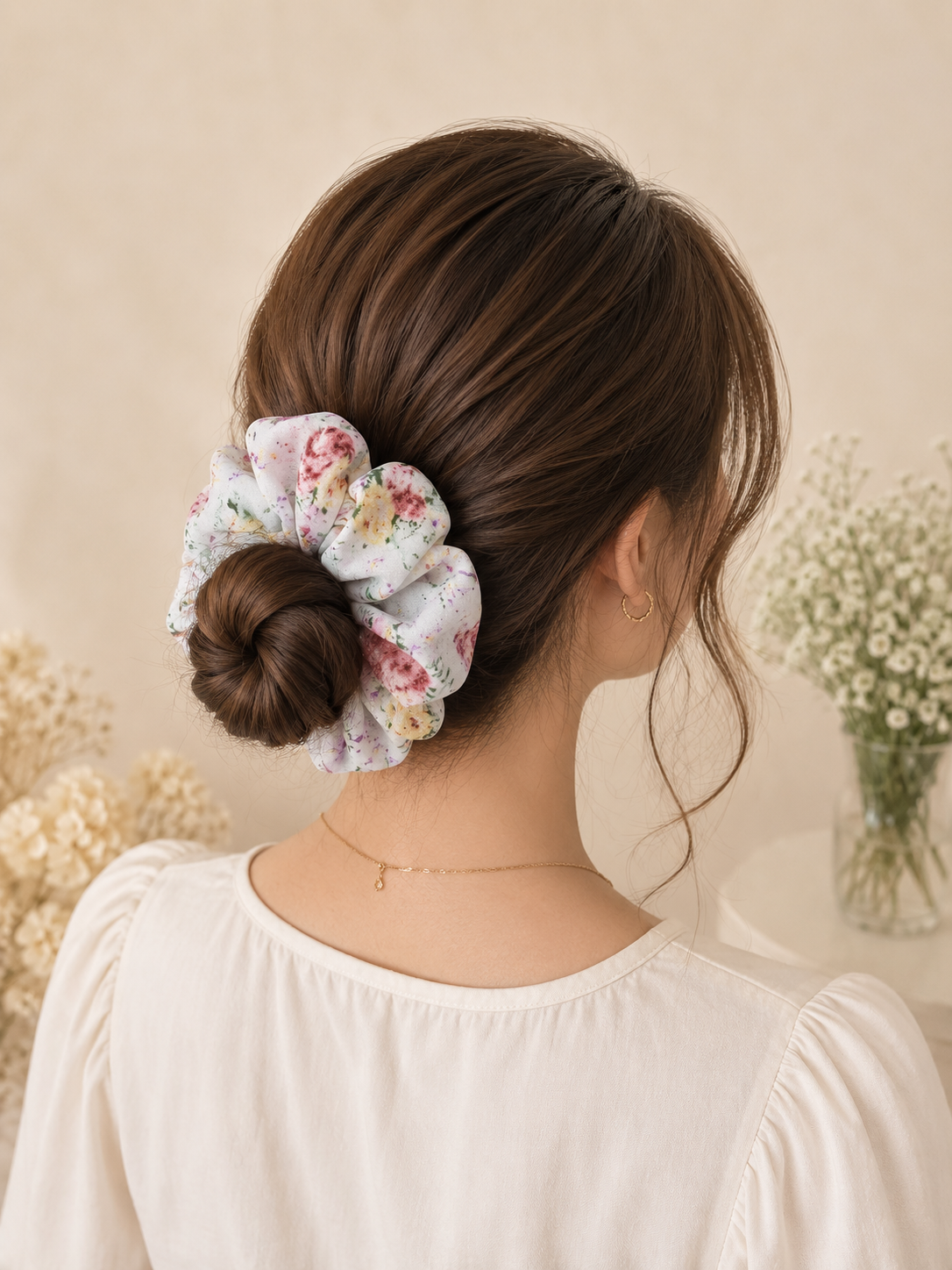 White Floral Print Big Scrunchie