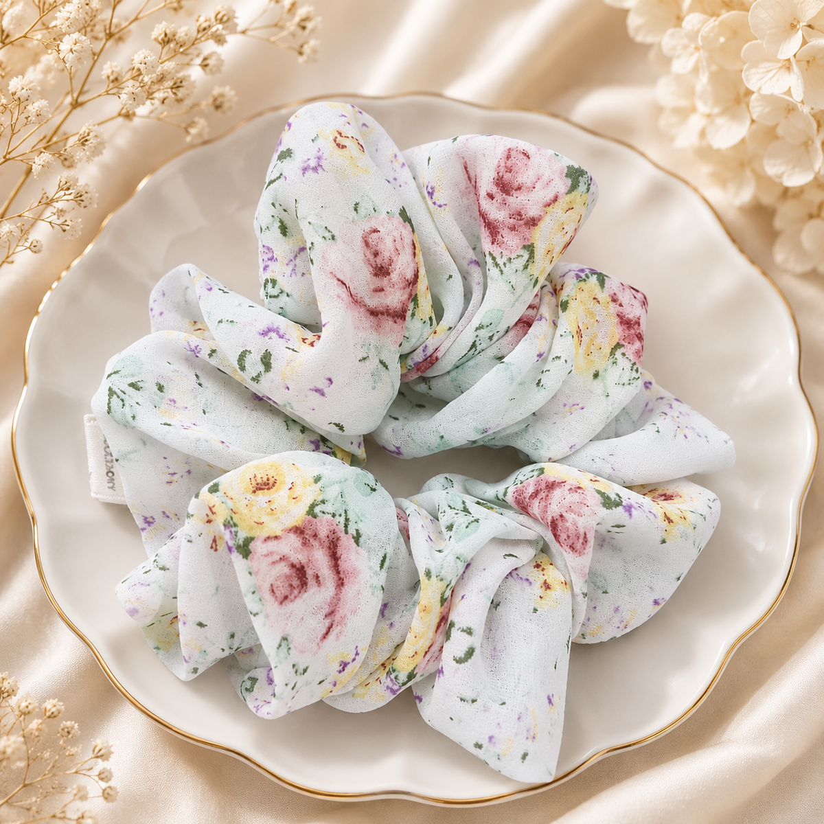 White Floral Print Big Scrunchie