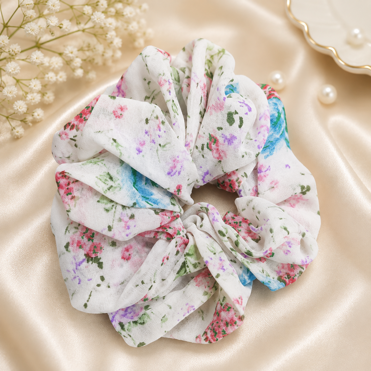 White Floral Print Big Scrunchie Hair Tie