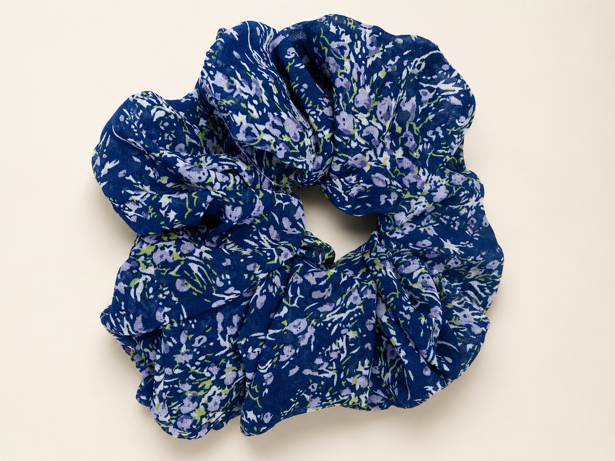 Navy Blue Floral Print Big Scrunchie Hair Tie